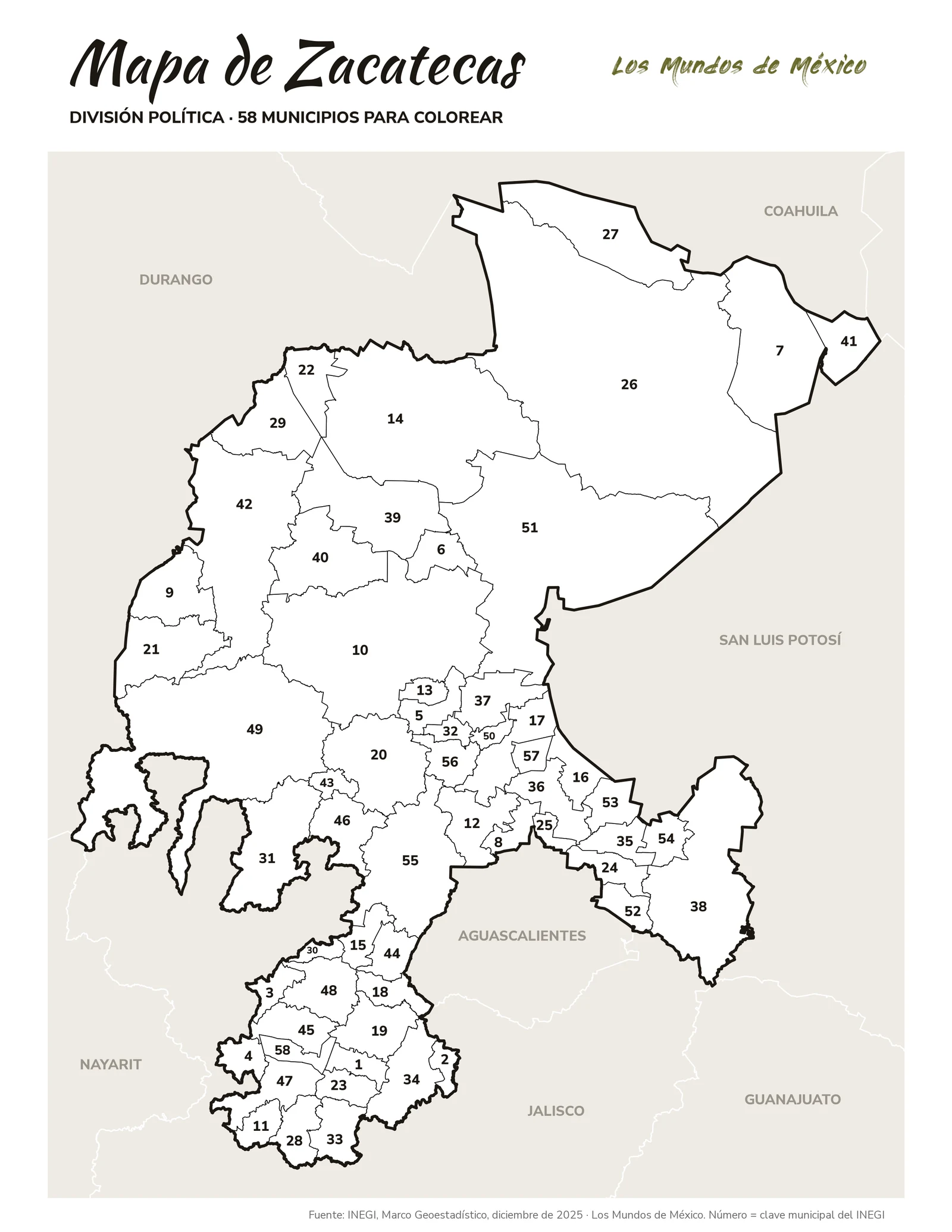 Mapa de Zacatecas: división política para colorear