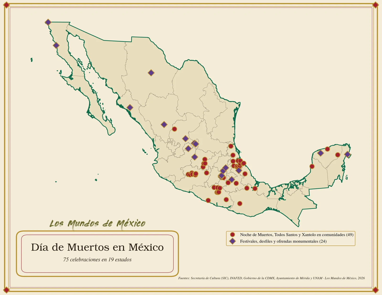 Mapa de México con 75 celebraciones de Día de Muertos: comunidades, festivales y tradiciones en 19 estados