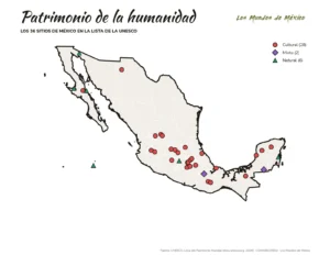 Mapa de México con sus 36 sitios de patrimonio mundial de la UNESCO, por tipo: cultural, natural y mixto