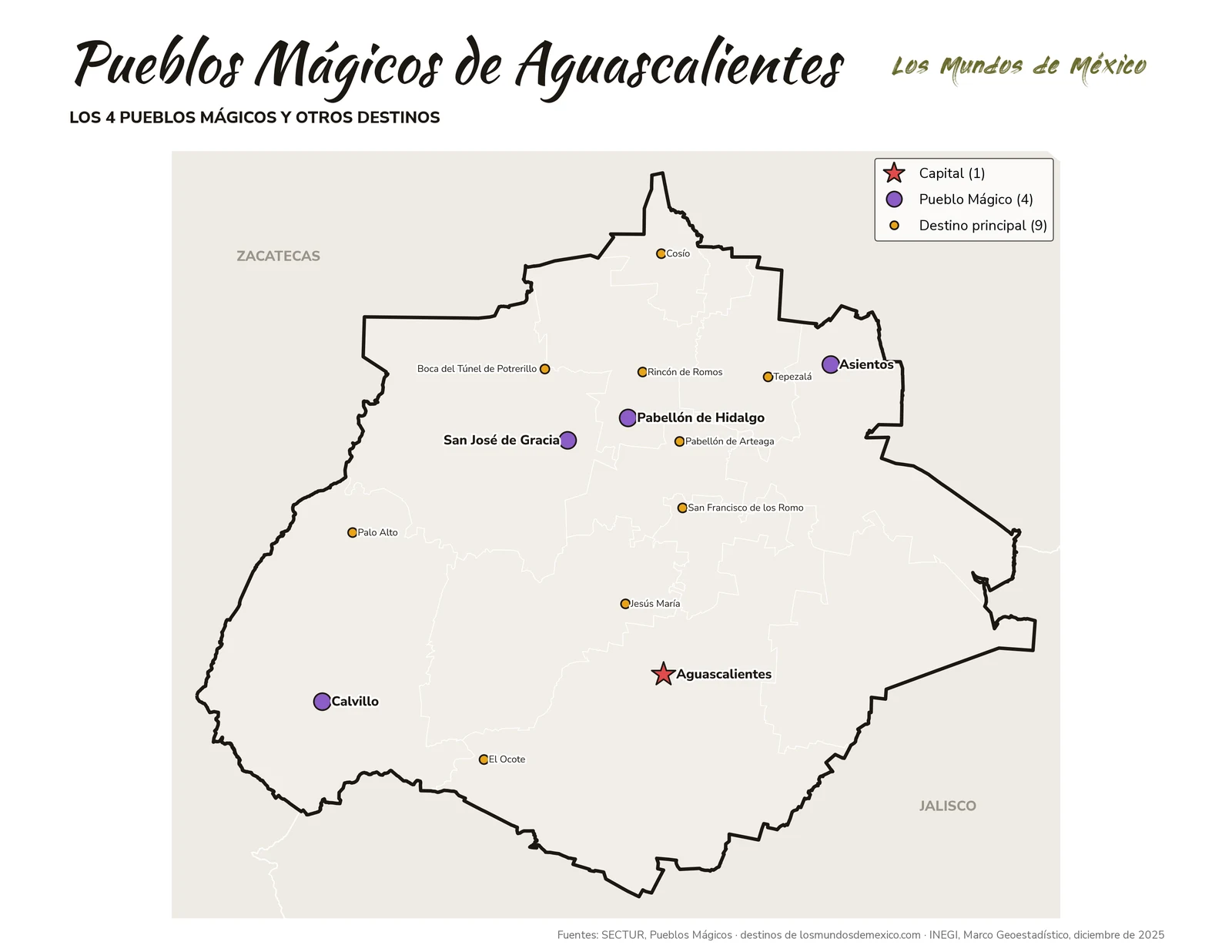 Mapa de Pueblos Mágicos y destinos de Aguascalientes