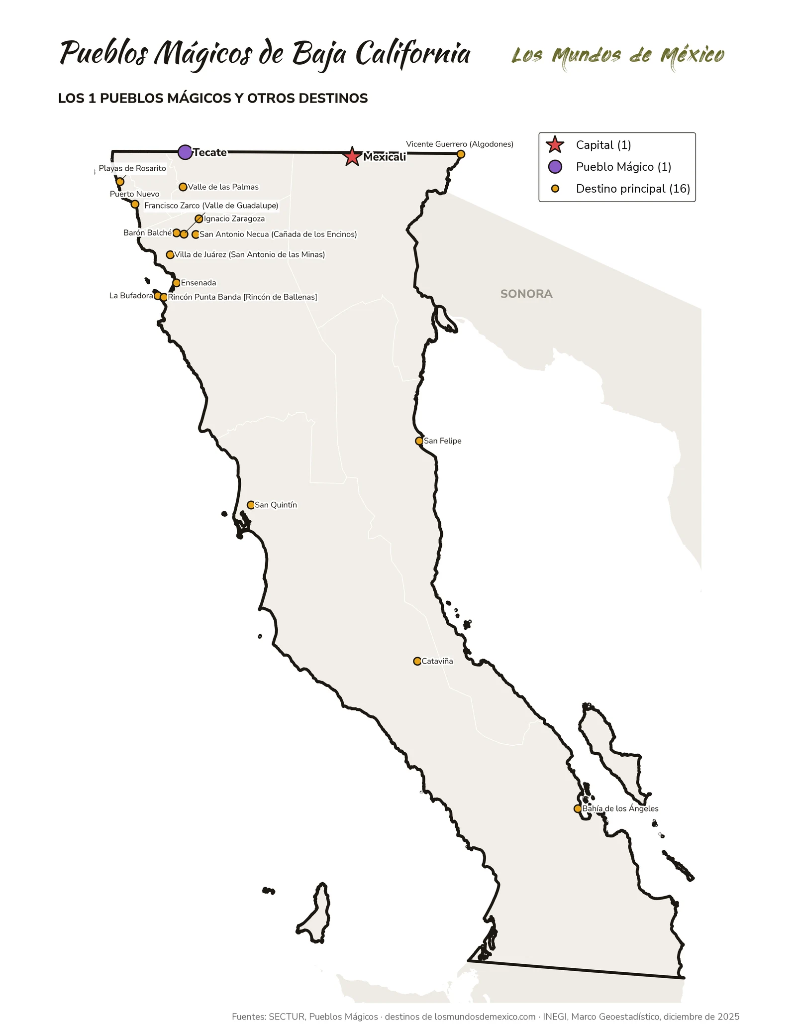Mapa de Pueblos Mágicos y destinos de Baja California