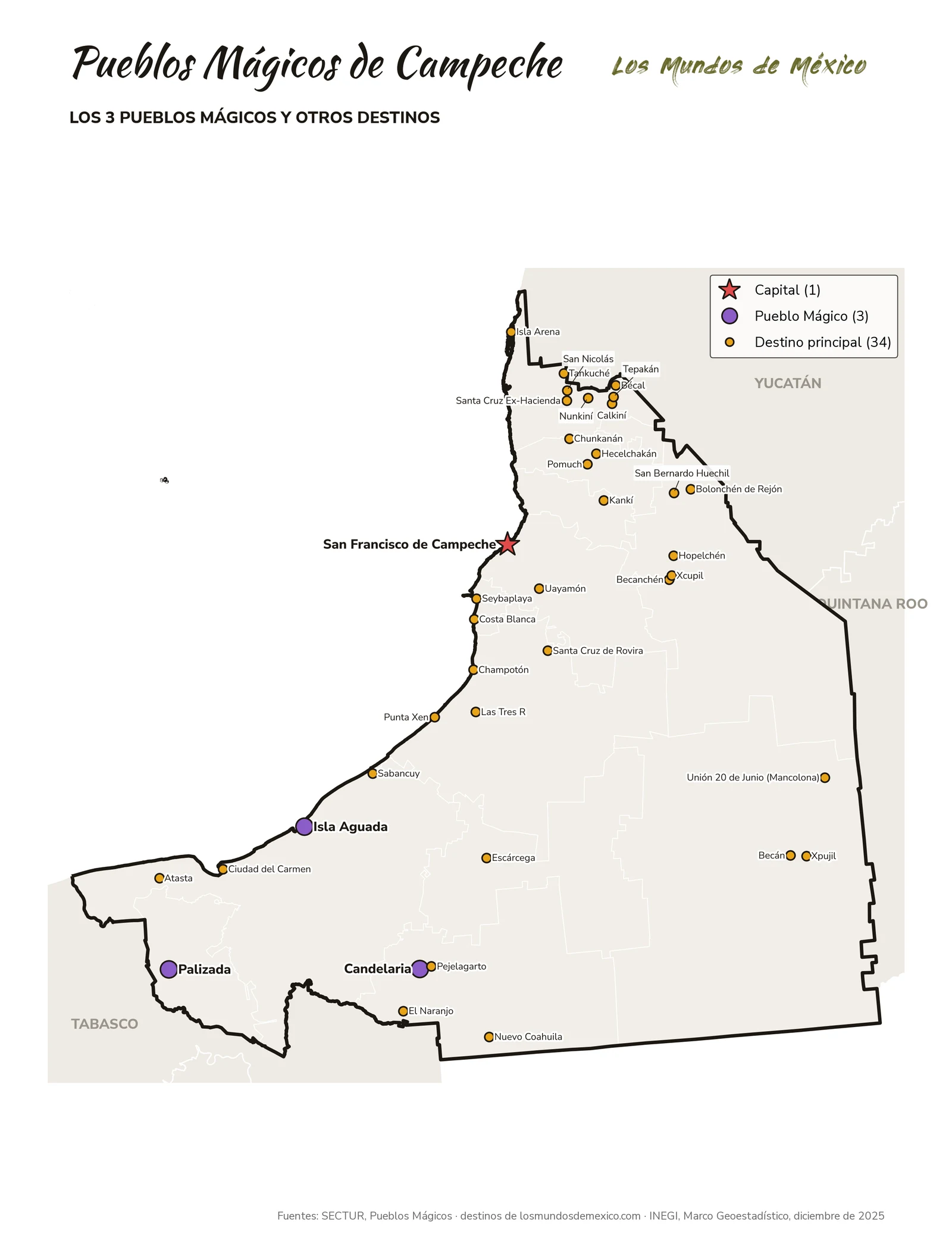 Mapa de Pueblos Mágicos y destinos de Campeche