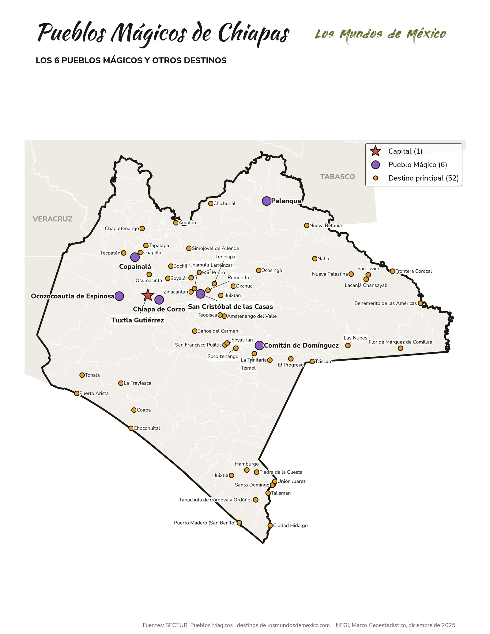 Mapa de Pueblos Mágicos y destinos de Chiapas