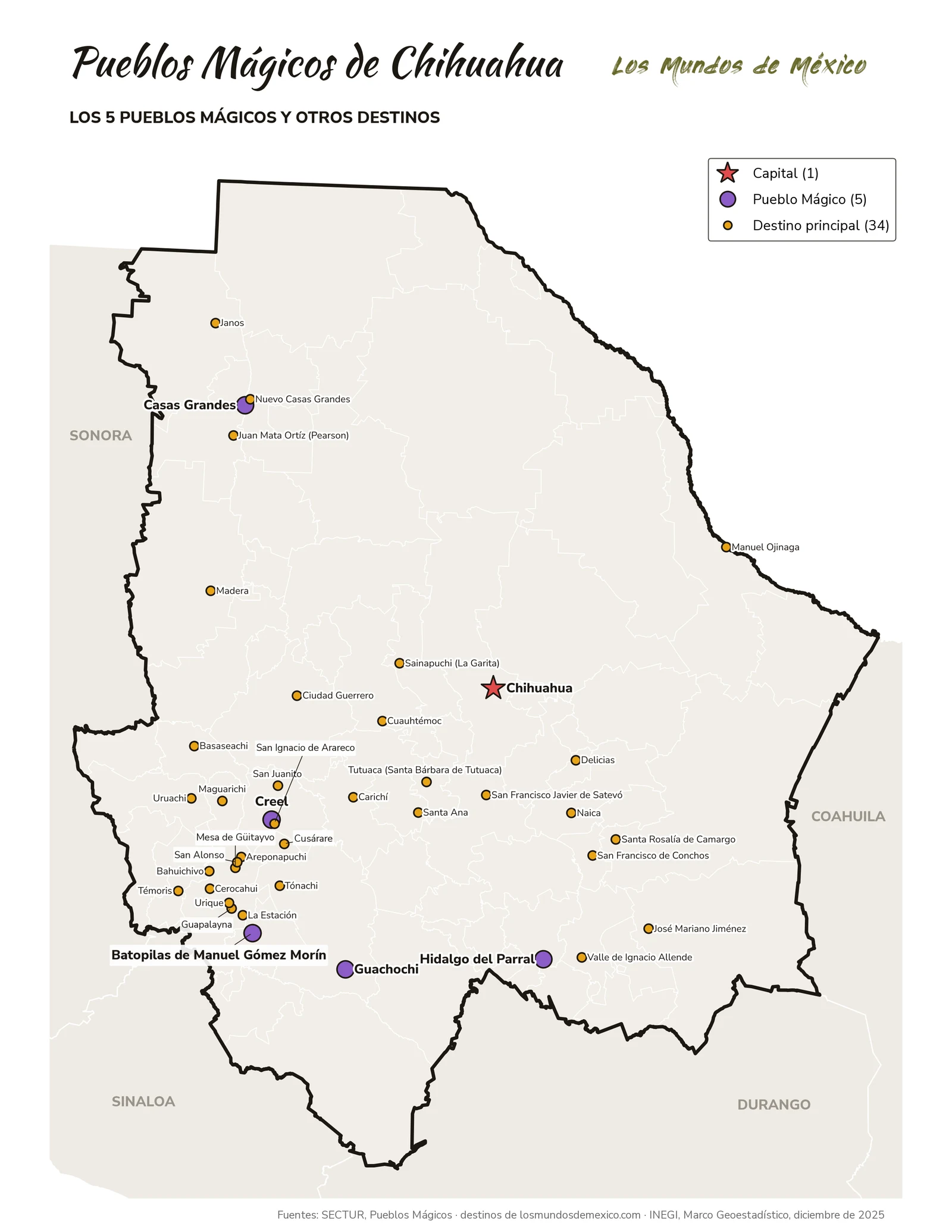 Mapa de Pueblos Mágicos y destinos de Chihuahua