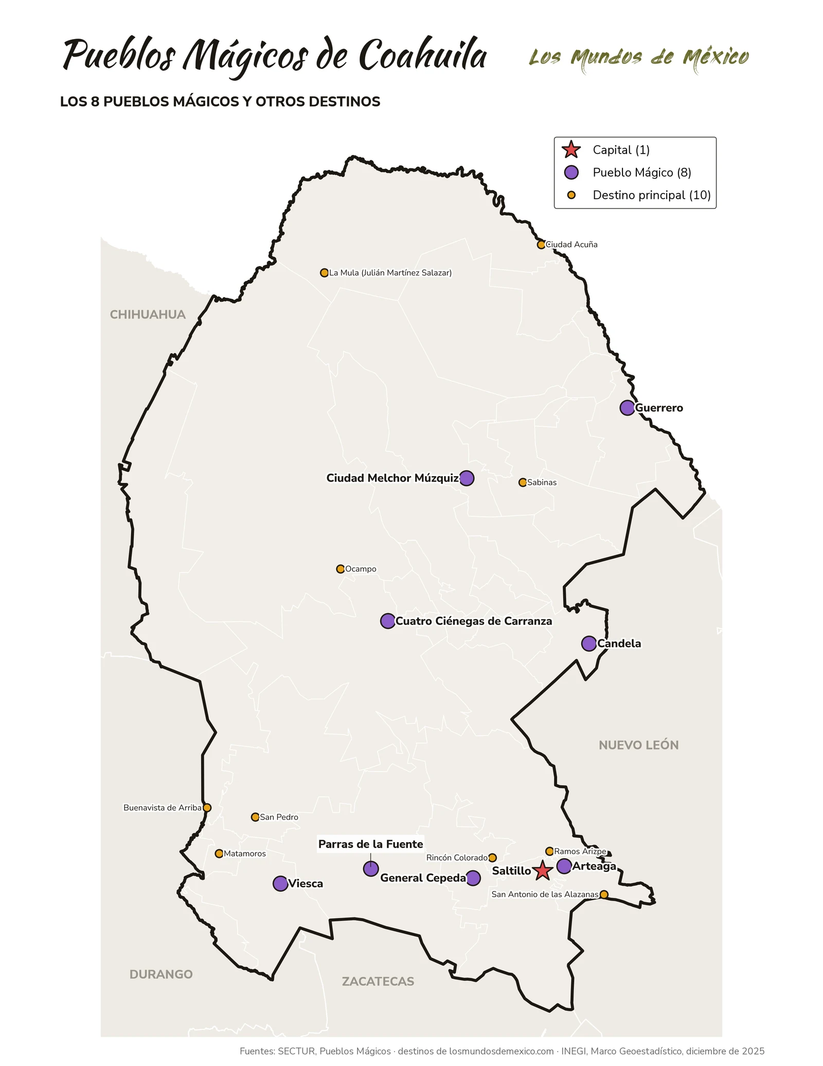 Mapa de Pueblos Mágicos y destinos de Coahuila de Zaragoza