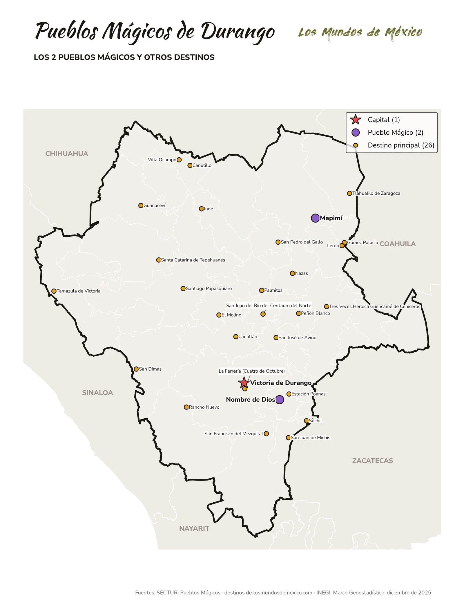 Mapa de Pueblos Mágicos y destinos de Durango