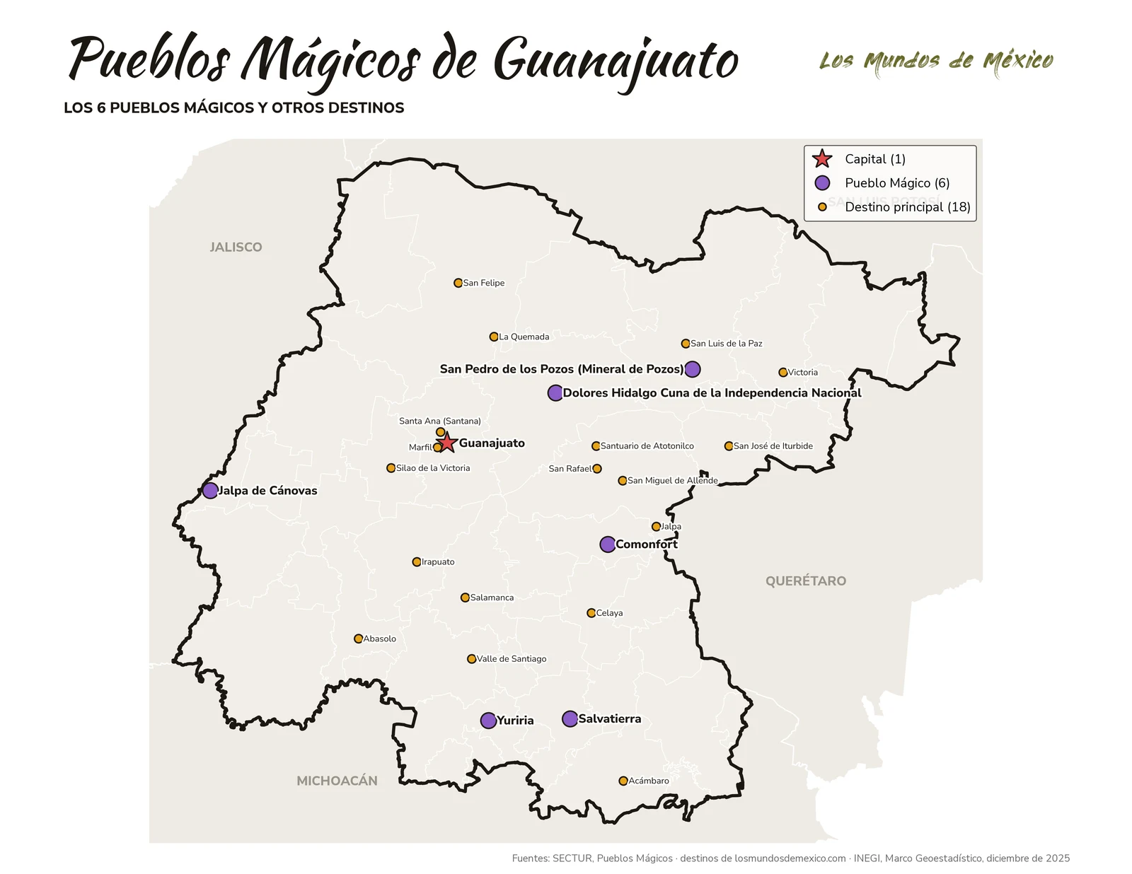 Mapa de Pueblos Mágicos y destinos de Guanajuato