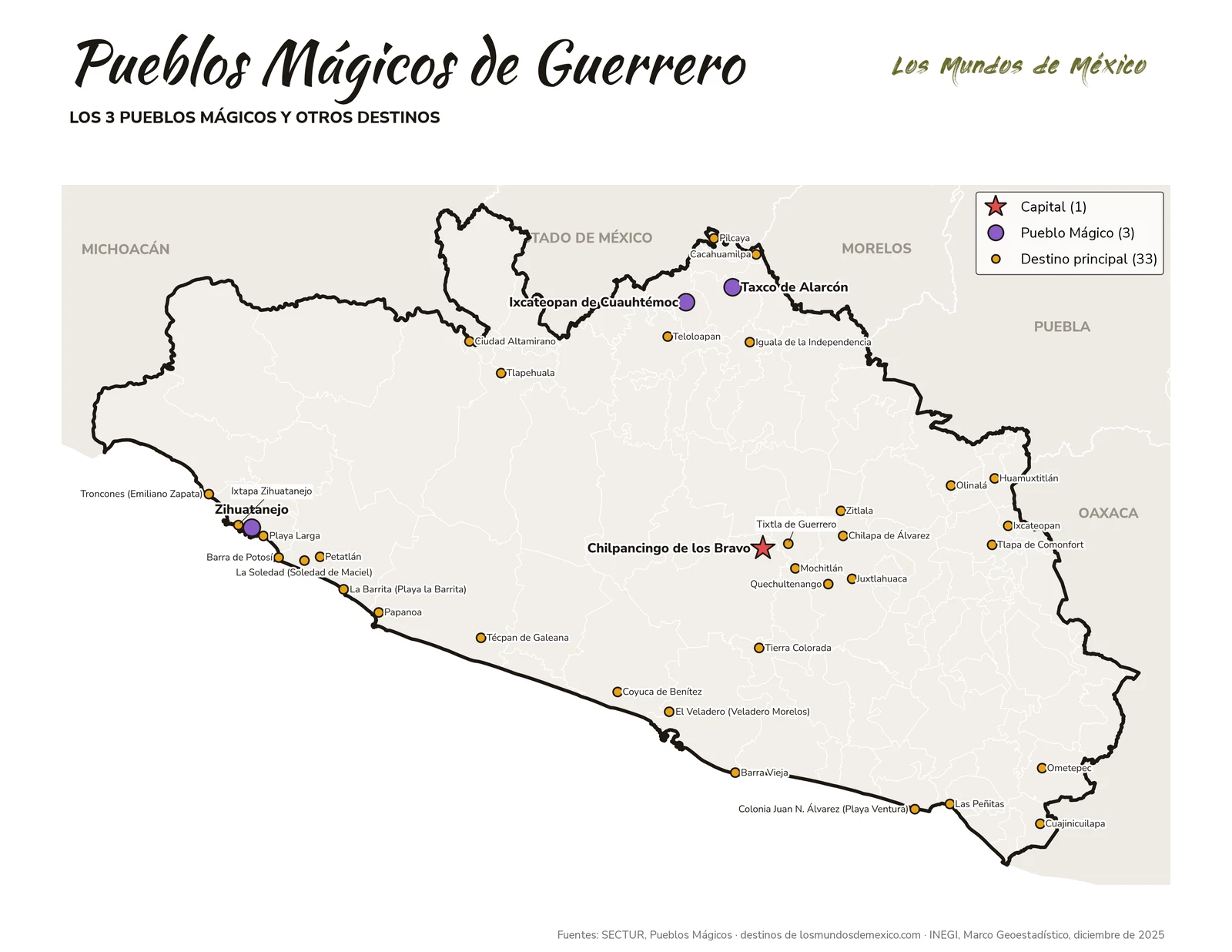 Mapa de Pueblos Mágicos y destinos de Guerrero