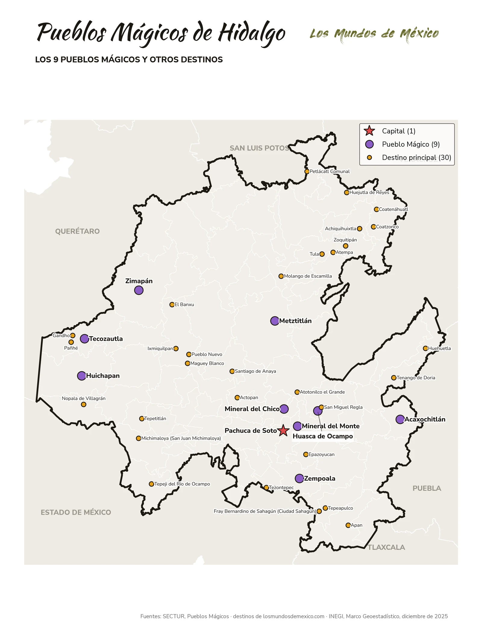 Mapa de Pueblos Mágicos y destinos de Hidalgo