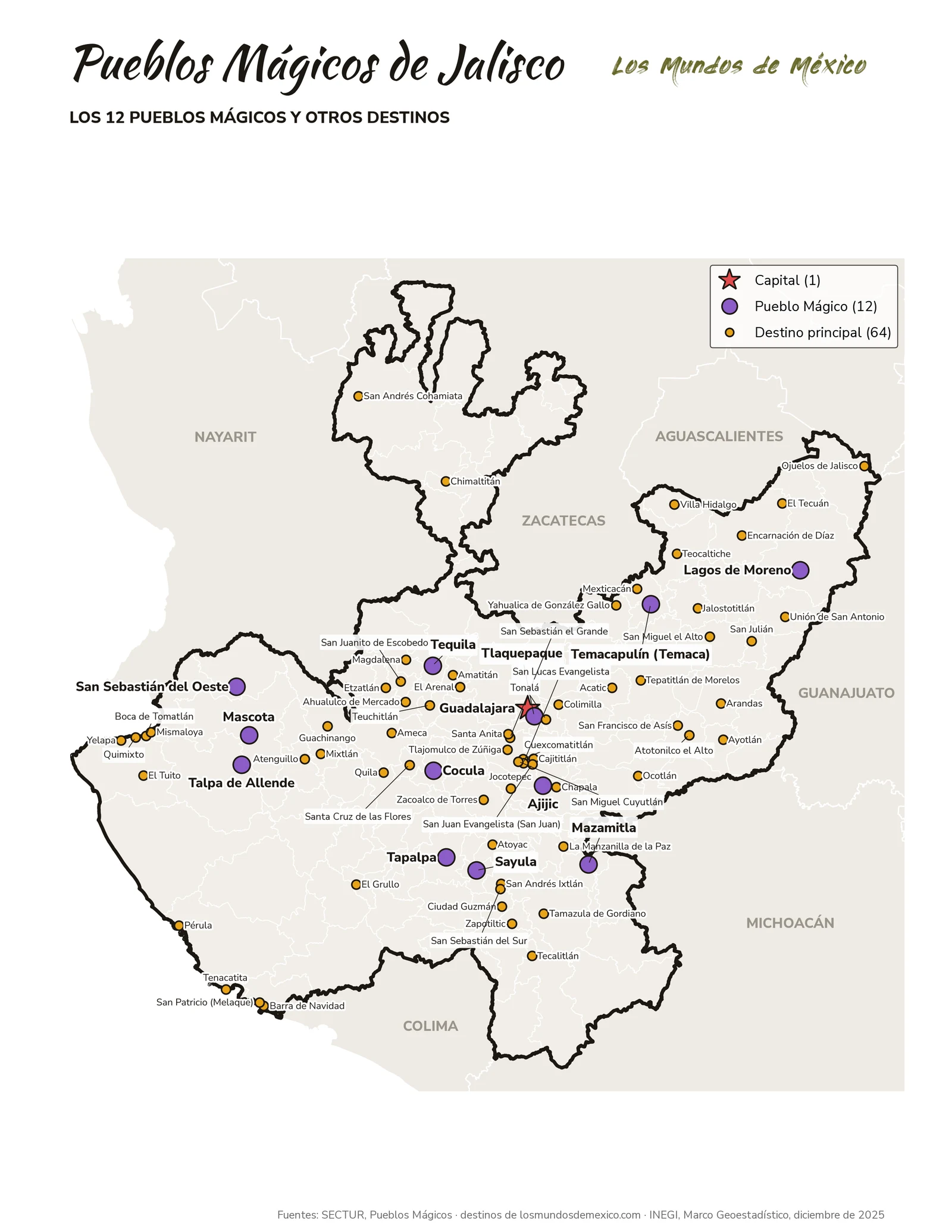 Mapa de Pueblos Mágicos y destinos de Jalisco
