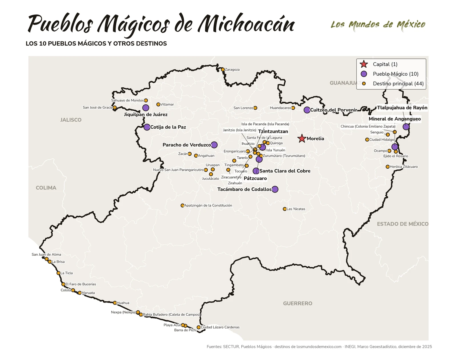 Mapa de Pueblos Mágicos y destinos de Michoacán de Ocampo