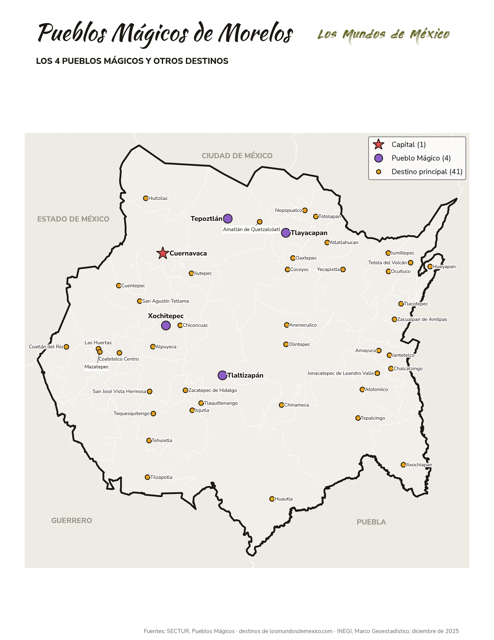 Mapa de Pueblos Mágicos y destinos de Morelos