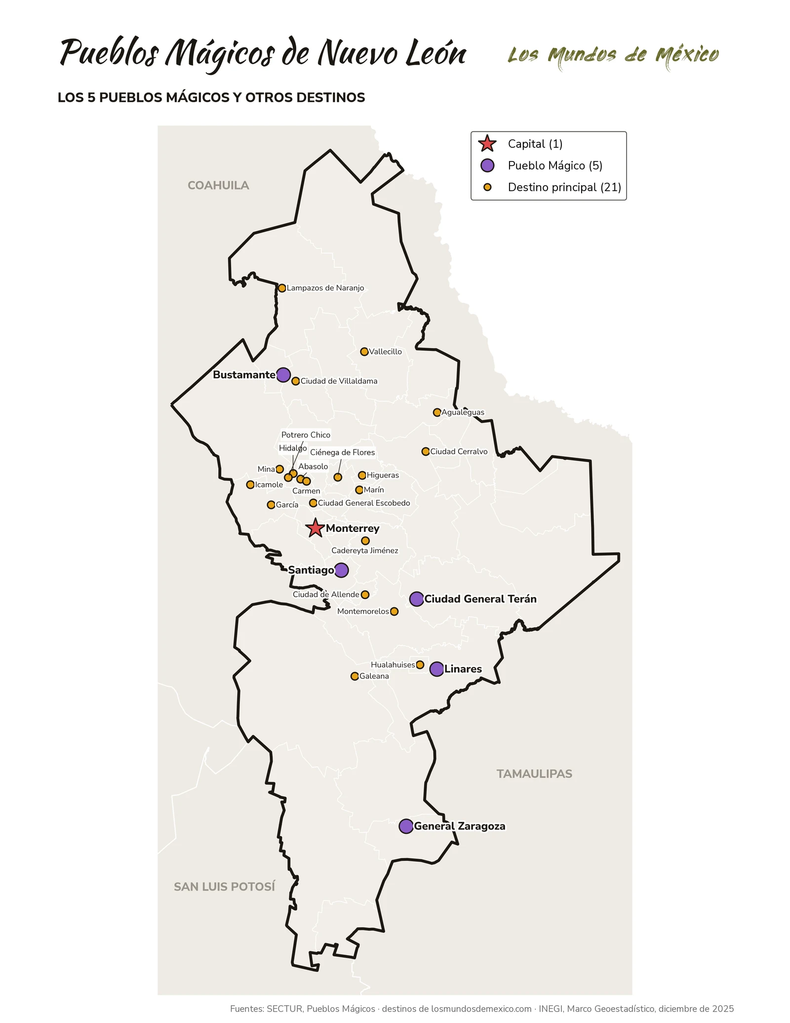 Mapa de Pueblos Mágicos y destinos de Nuevo León