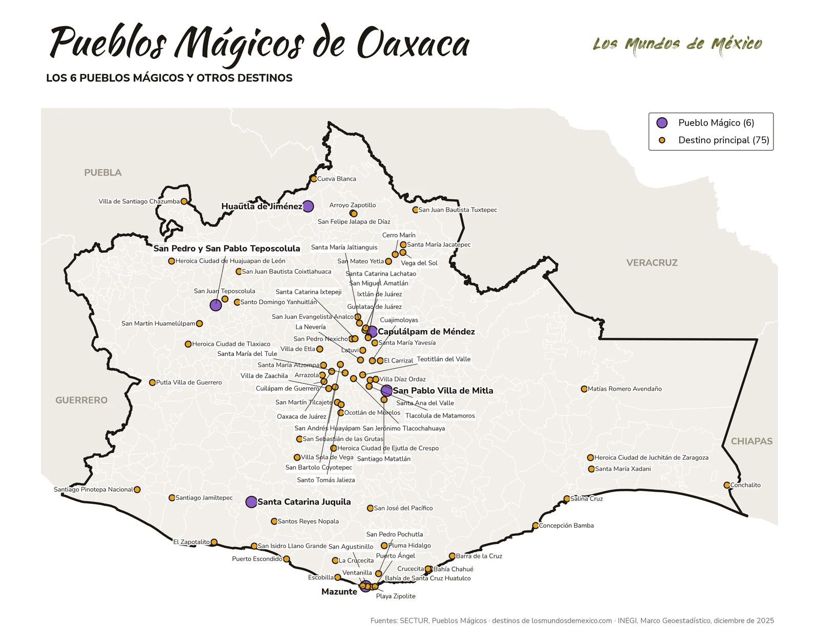 Mapa de Pueblos Mágicos y destinos de Oaxaca