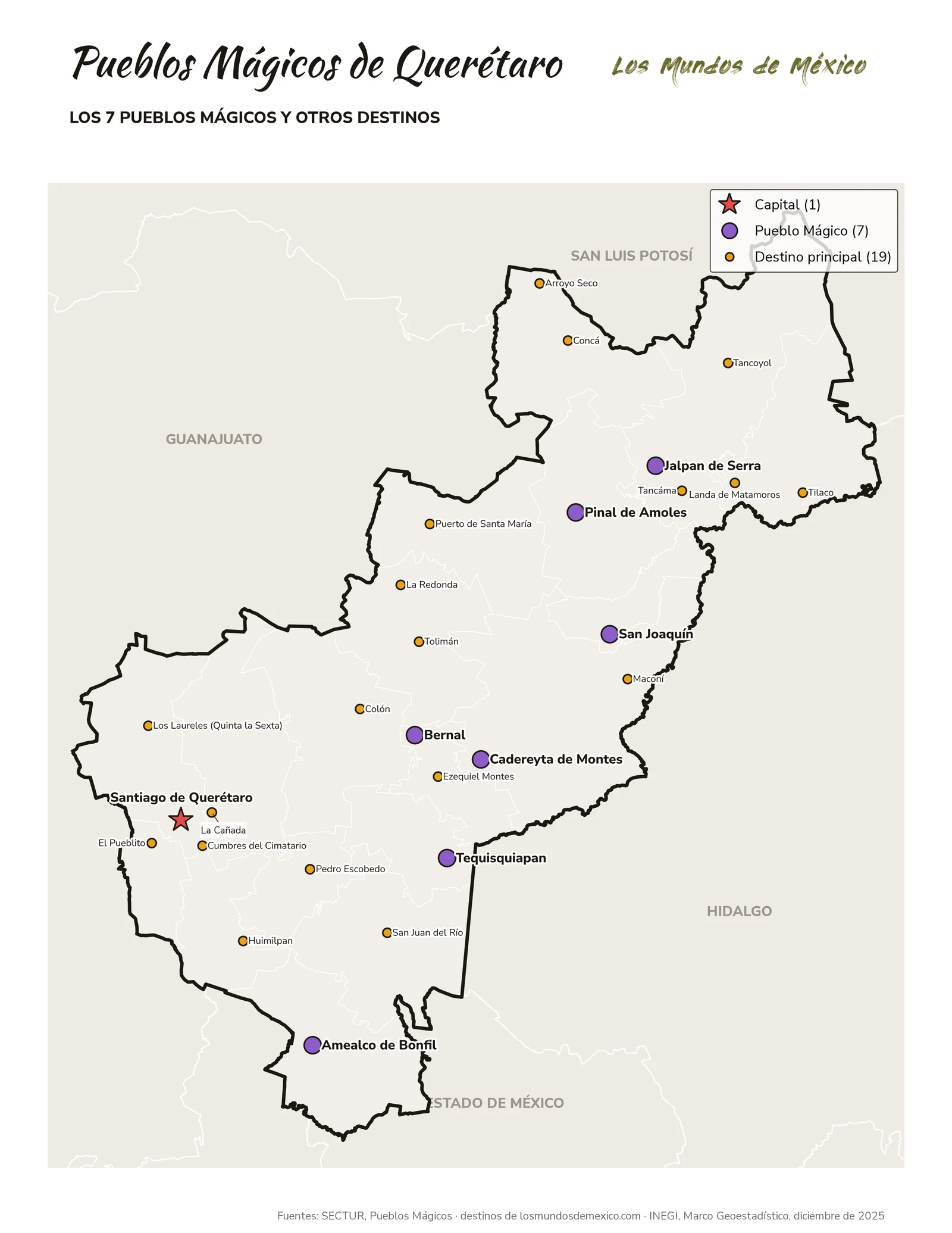 Mapa de Pueblos Mágicos y destinos de Querétaro