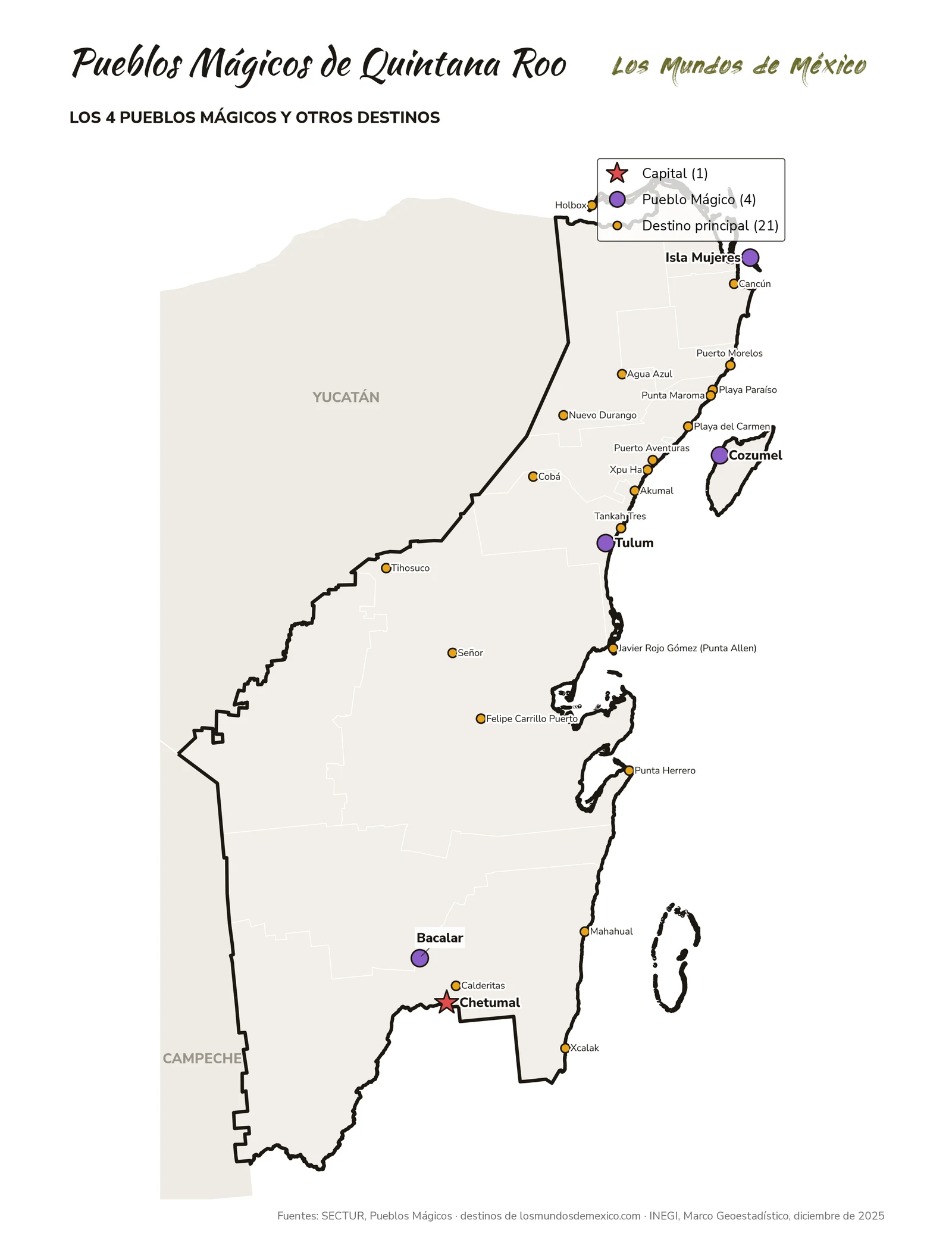 Mapa de Pueblos Mágicos y destinos de Quintana Roo