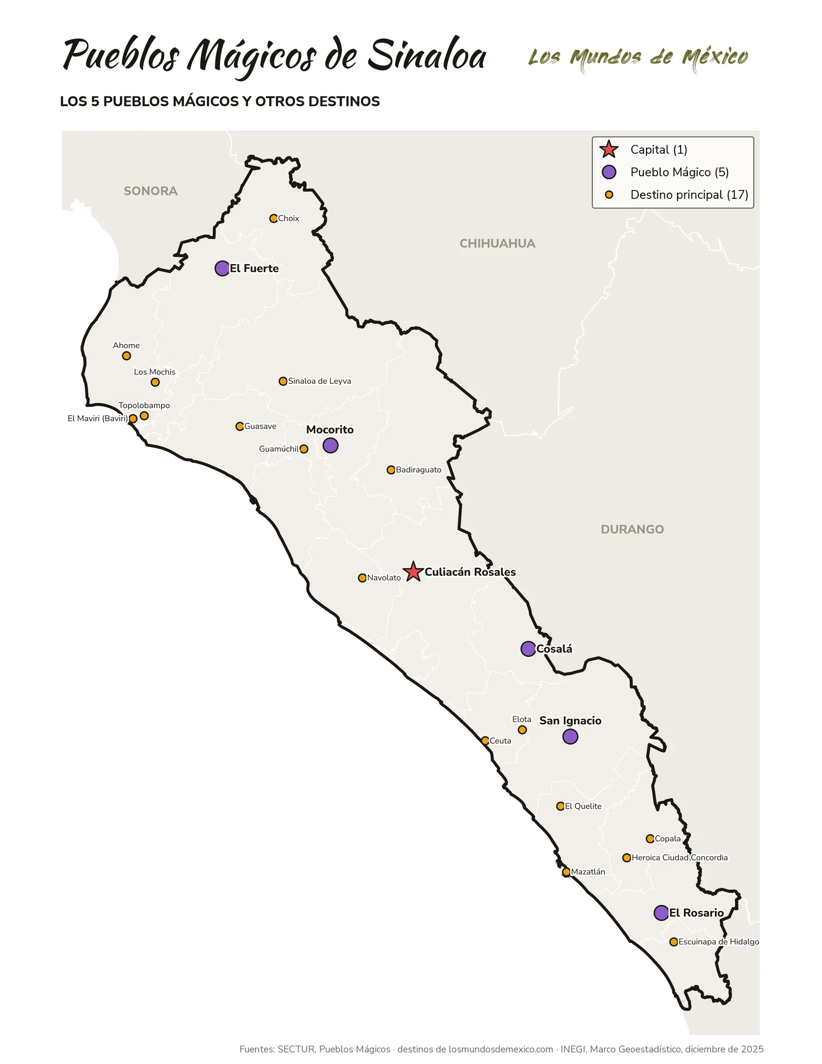 Mapa de Pueblos Mágicos y destinos de Sinaloa