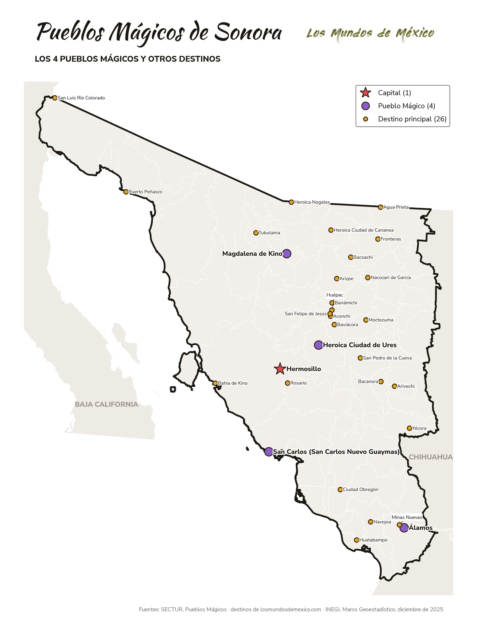 Mapa de Pueblos Mágicos y destinos de Sonora