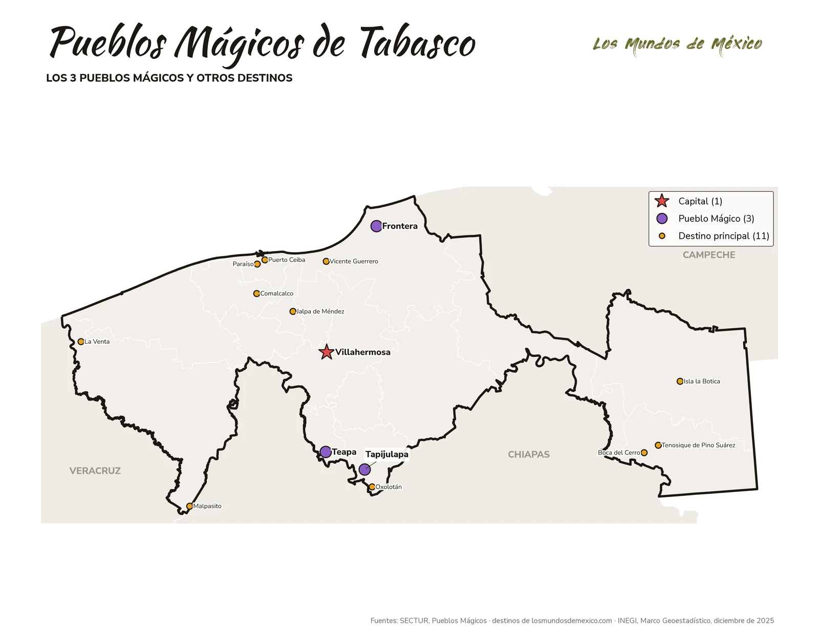 Mapa de Pueblos Mágicos y destinos de Tabasco
