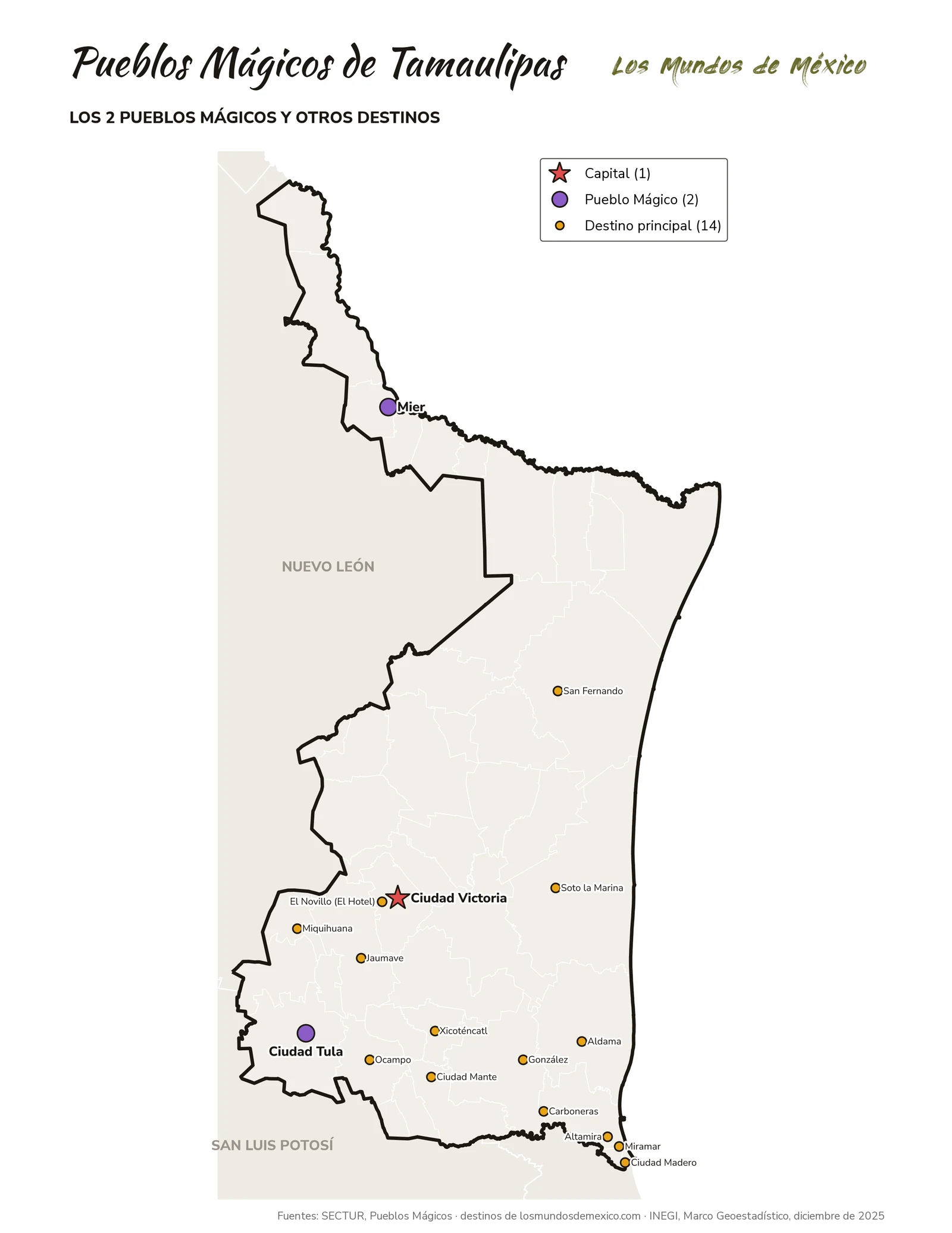 Mapa de Pueblos Mágicos y destinos de Tamaulipas