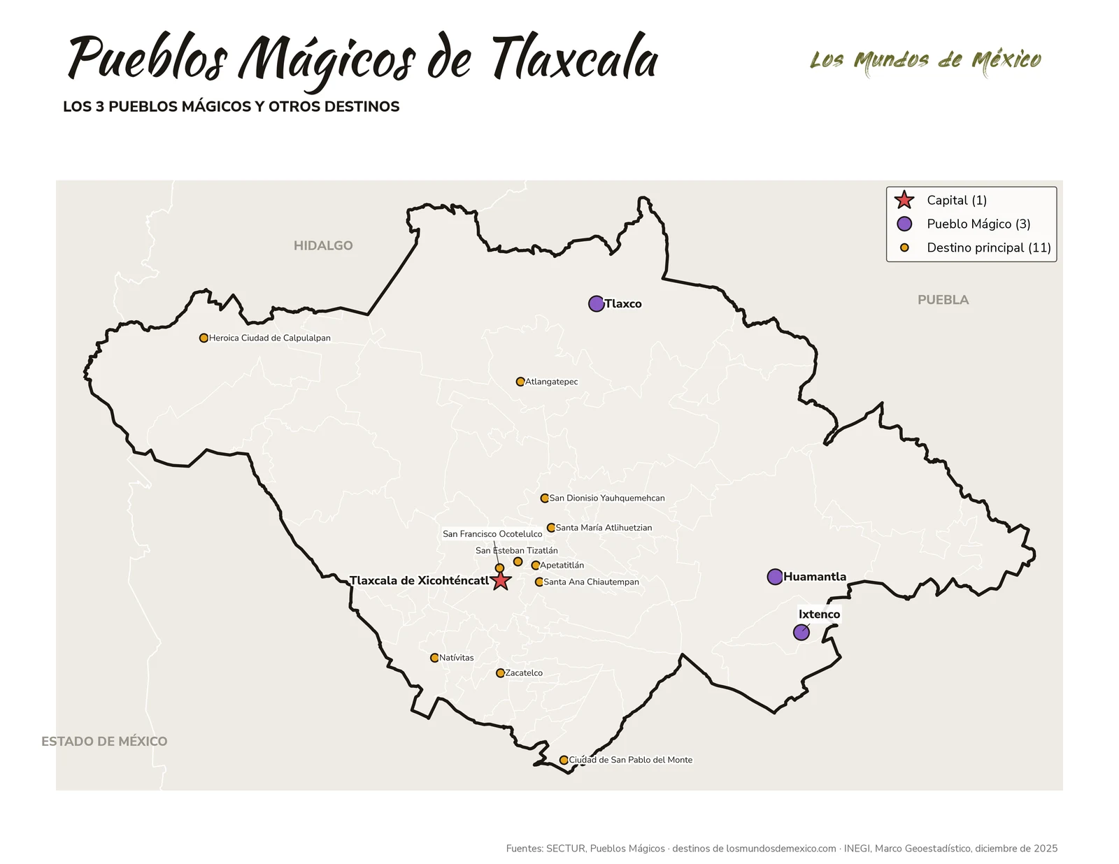 Mapa de Pueblos Mágicos y destinos de Tlaxcala