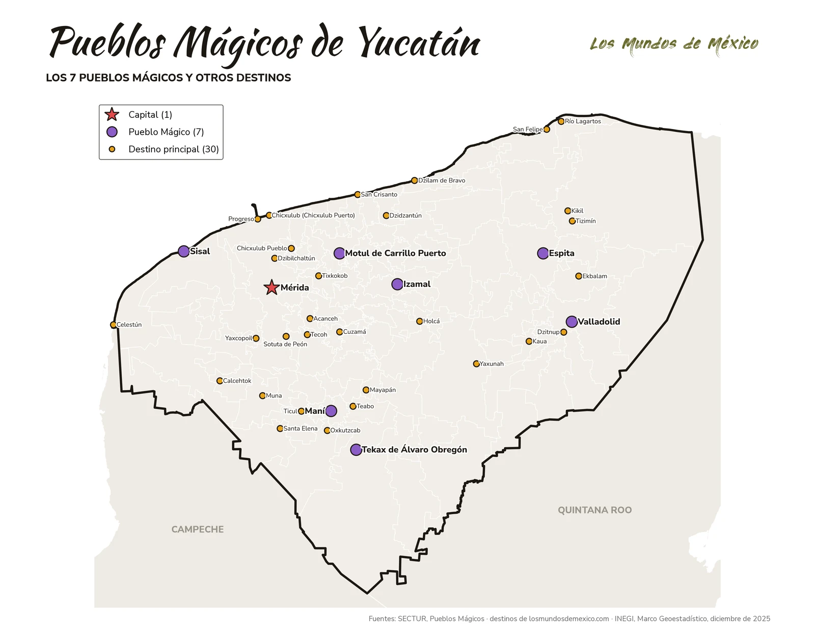 Mapa de Pueblos Mágicos y destinos de Yucatán