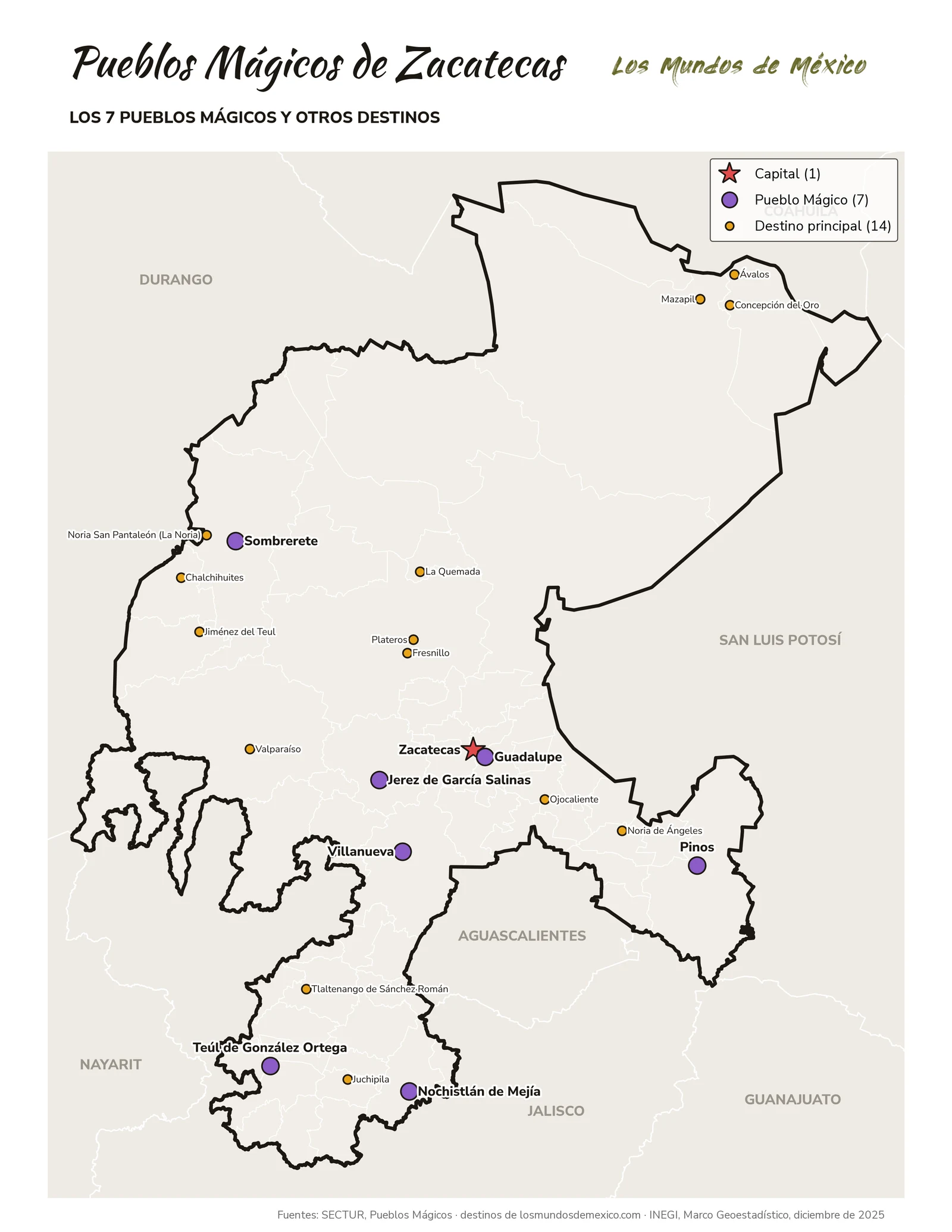 Mapa de Pueblos Mágicos y destinos de Zacatecas