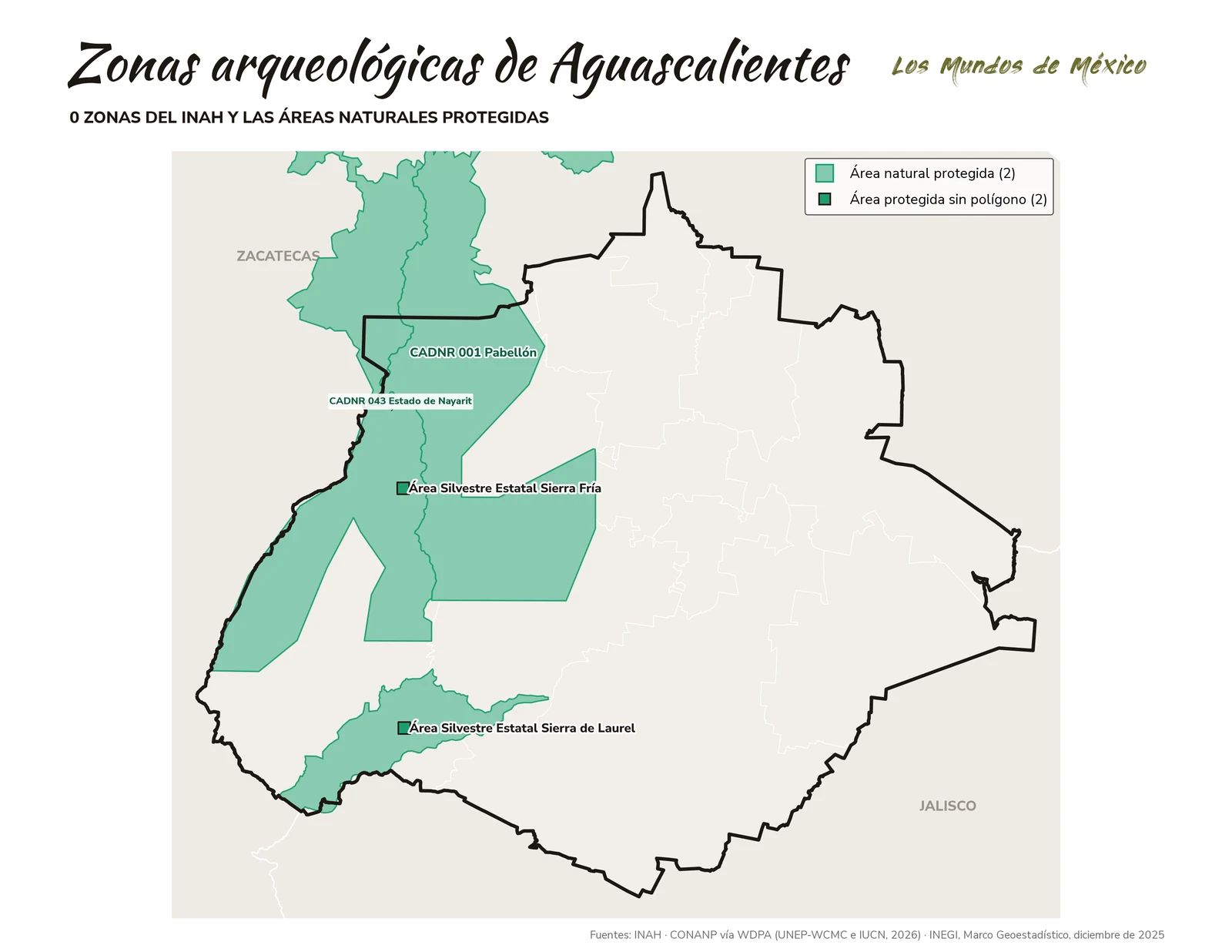Mapa de zonas arqueológicas y áreas naturales protegidas de Aguascalientes