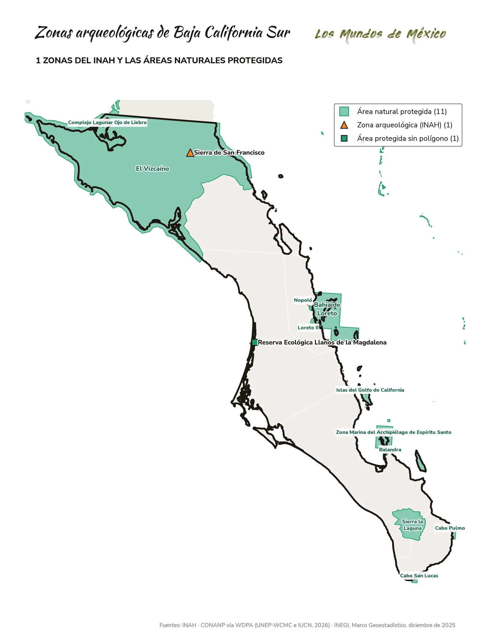 Mapa de zonas arqueológicas y áreas naturales protegidas de Baja California Sur