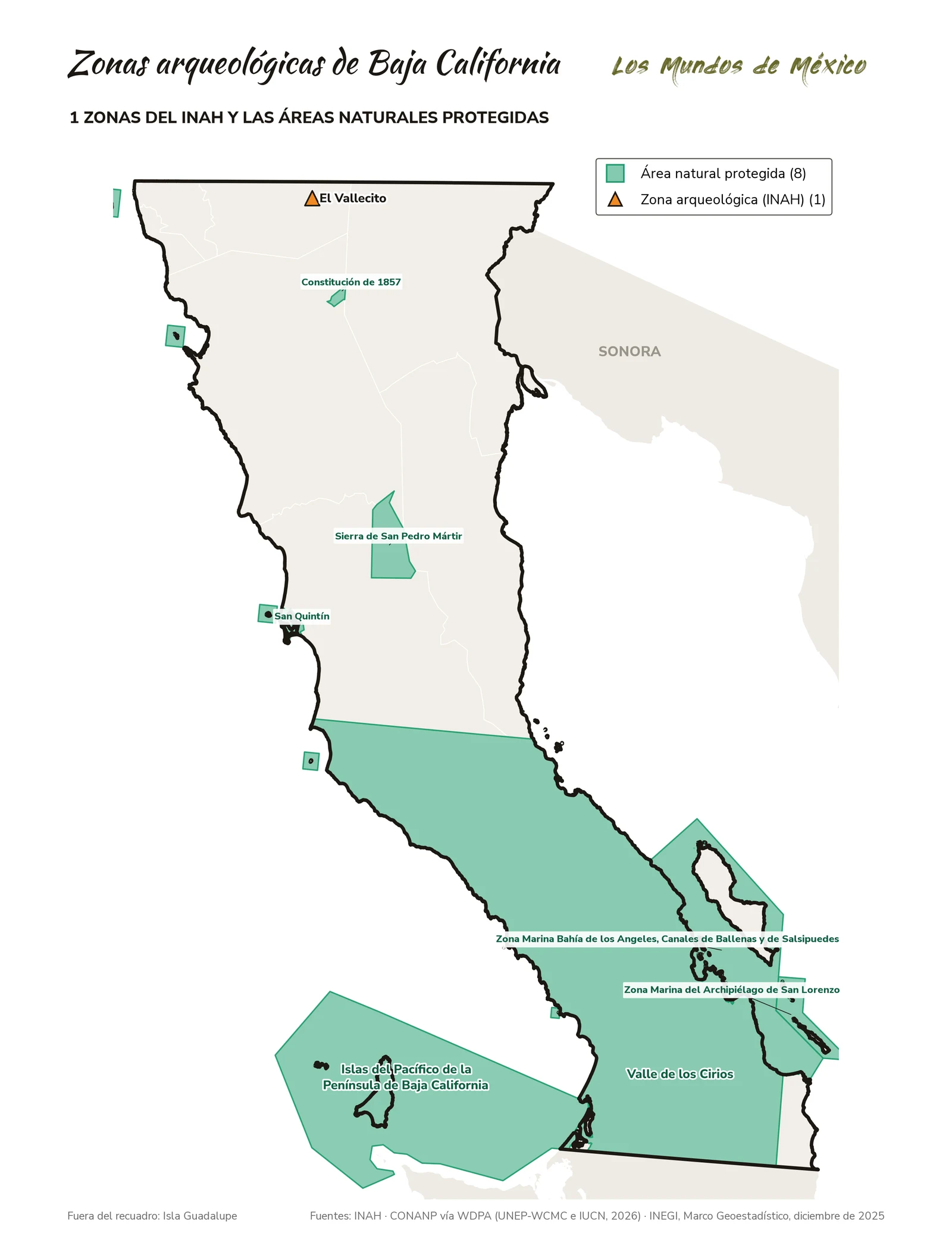 Mapa de zonas arqueológicas y áreas naturales protegidas de Baja California