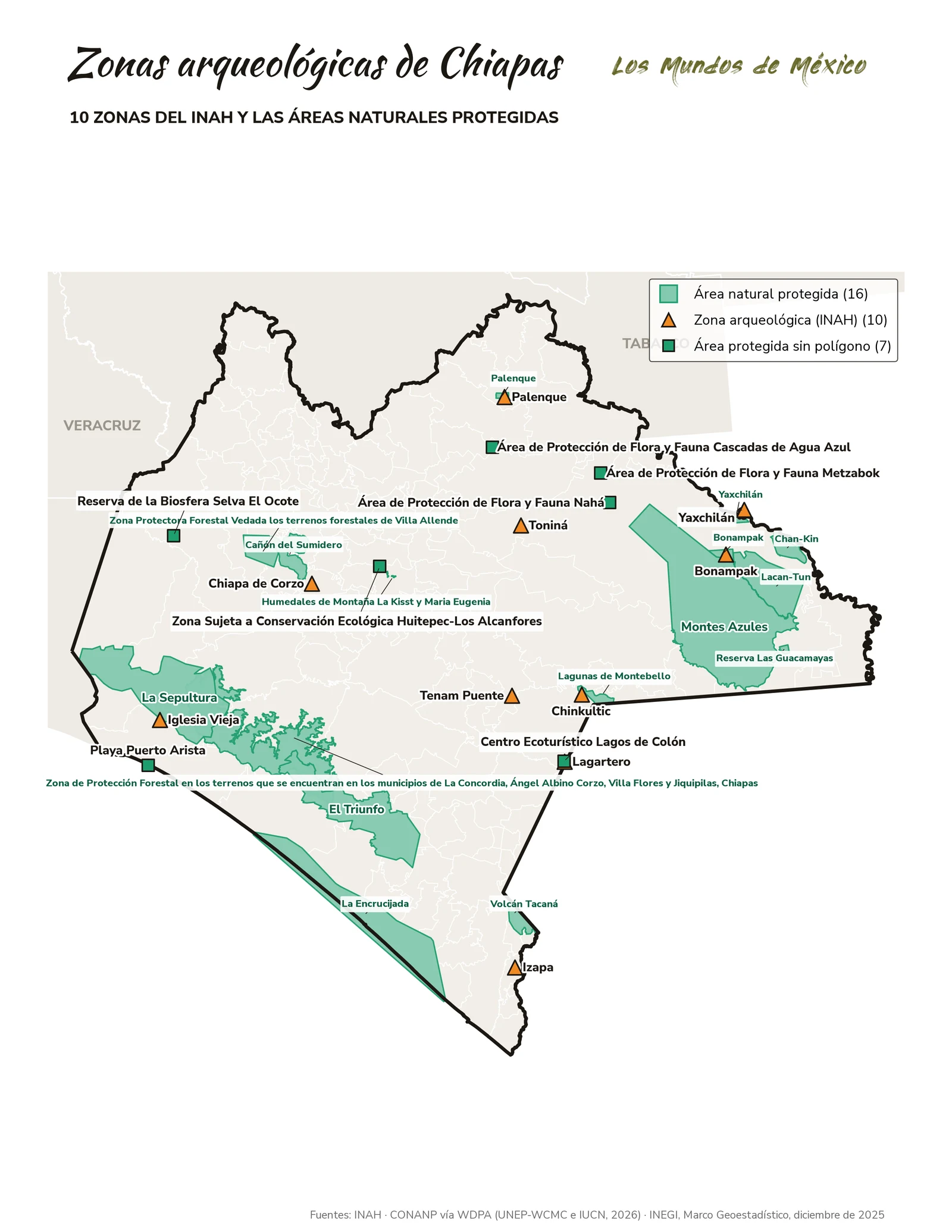 Mapa de zonas arqueológicas y áreas naturales protegidas de Chiapas