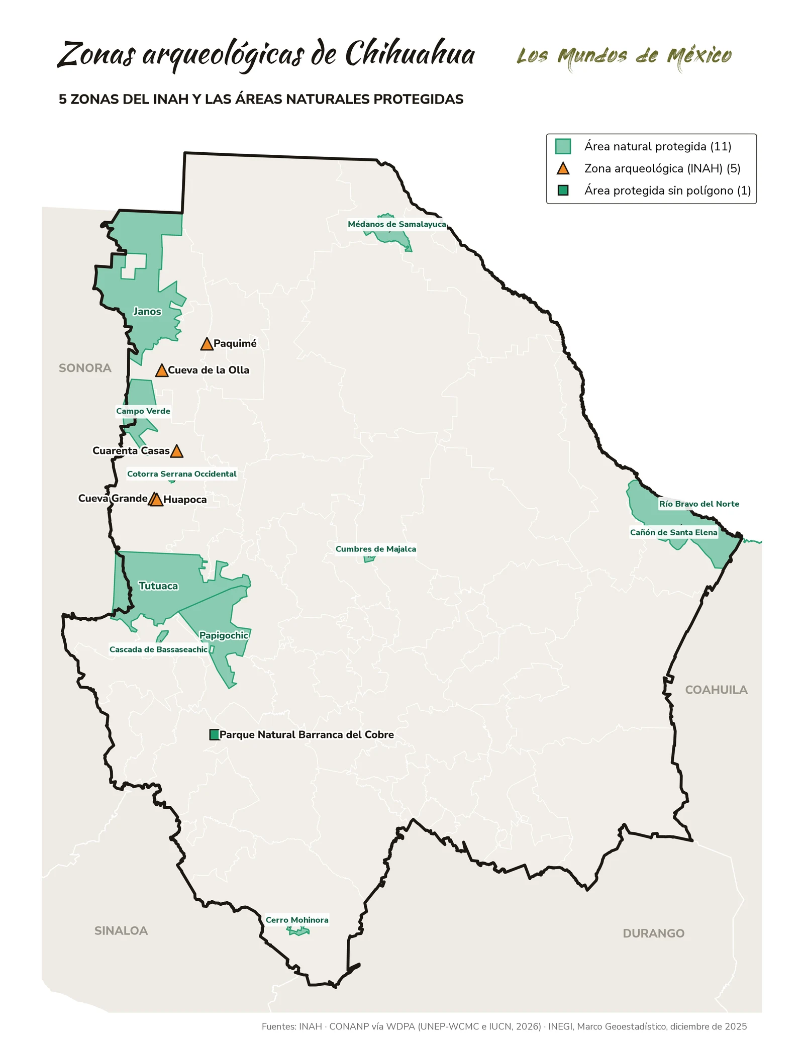 Mapa de zonas arqueológicas y áreas naturales protegidas de Chihuahua
