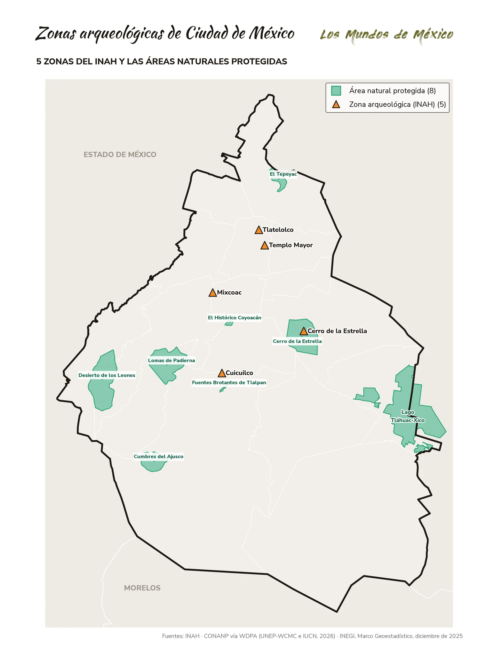 Mapa de zonas arqueológicas y áreas naturales protegidas de Ciudad de México