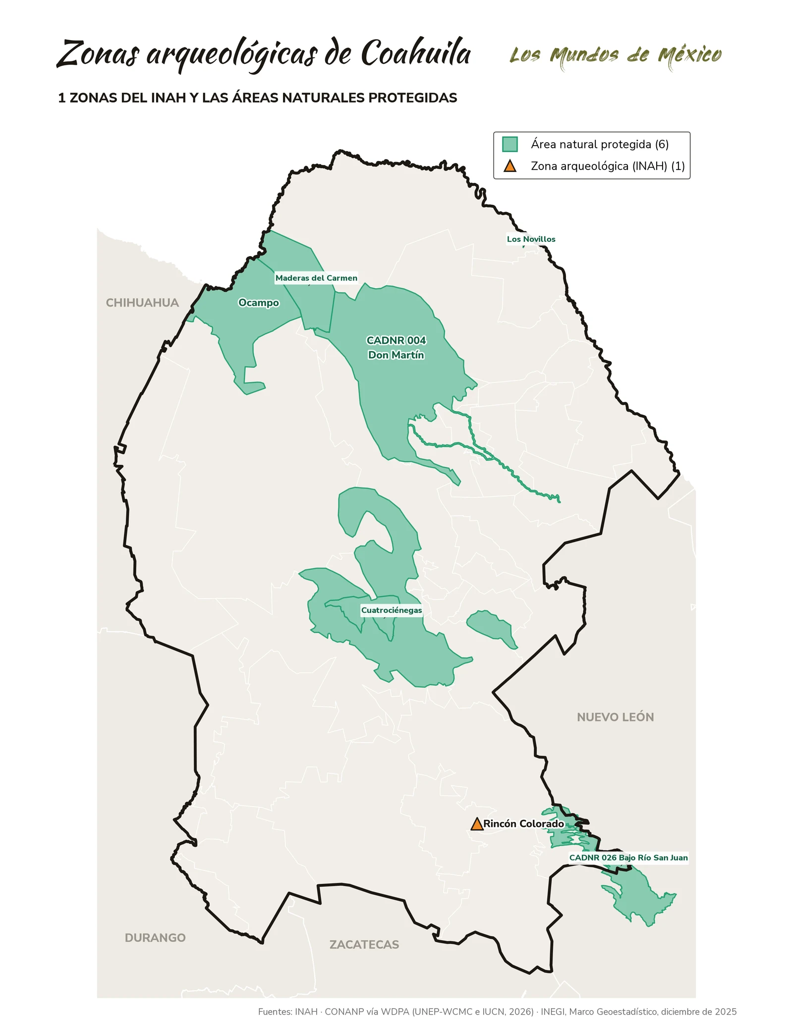 Mapa de zonas arqueológicas y áreas naturales protegidas de Coahuila de Zaragoza