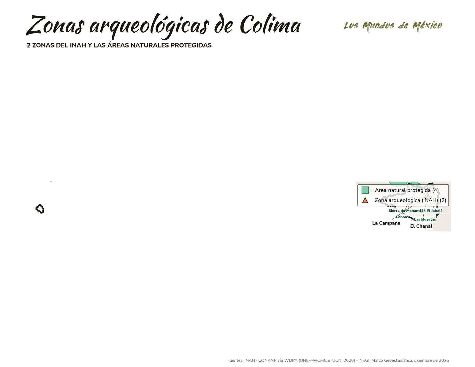 Mapa de zonas arqueológicas y áreas naturales protegidas de Colima