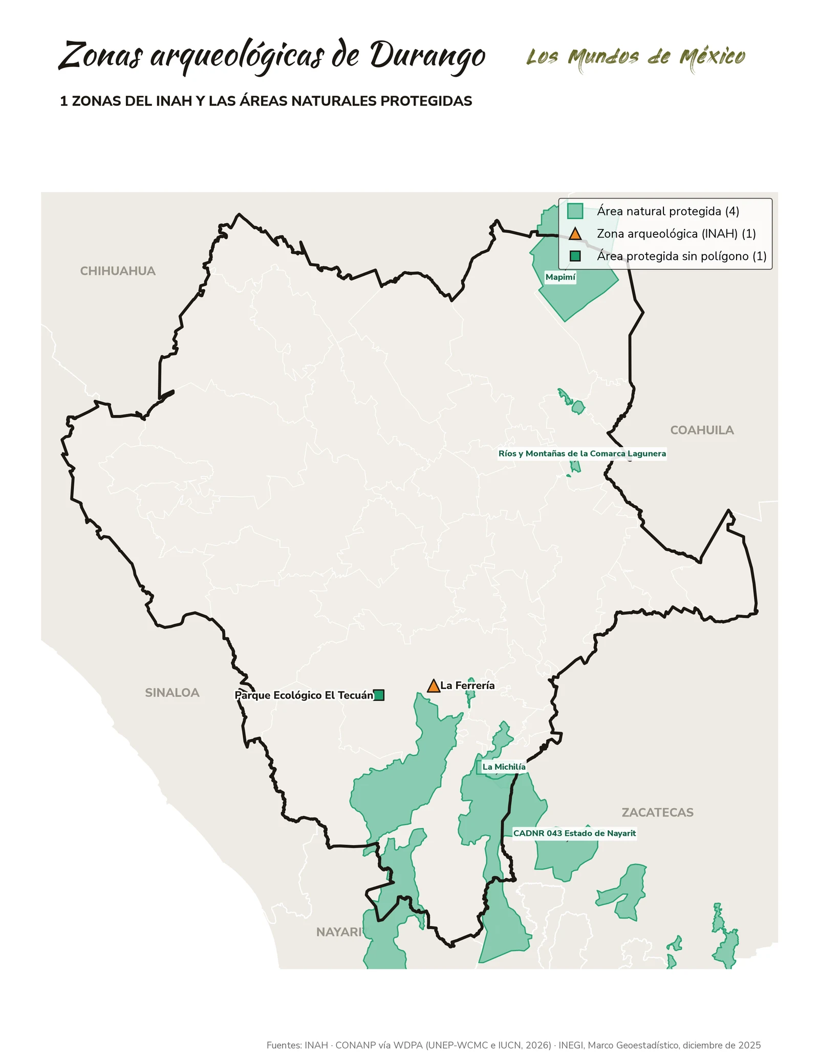 Mapa de zonas arqueológicas y áreas naturales protegidas de Durango