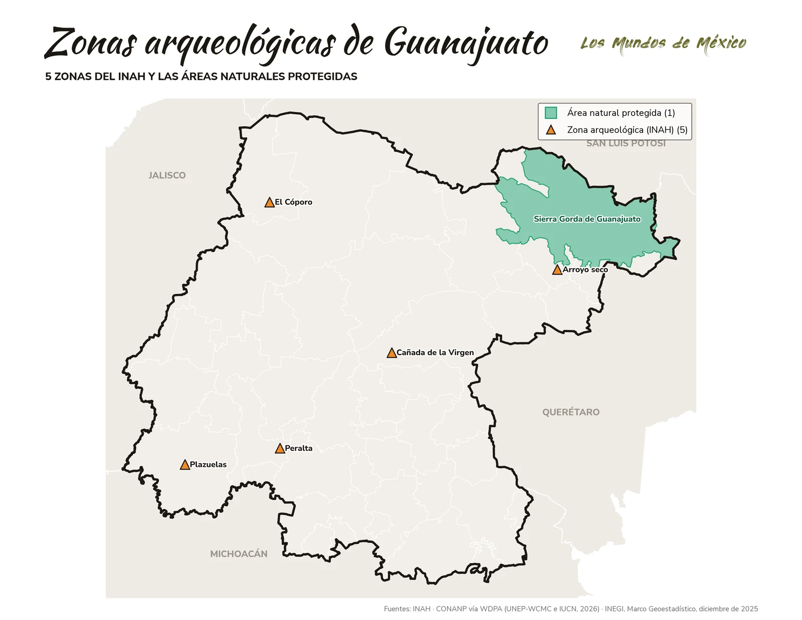 Mapa de zonas arqueológicas y áreas naturales protegidas de Guanajuato