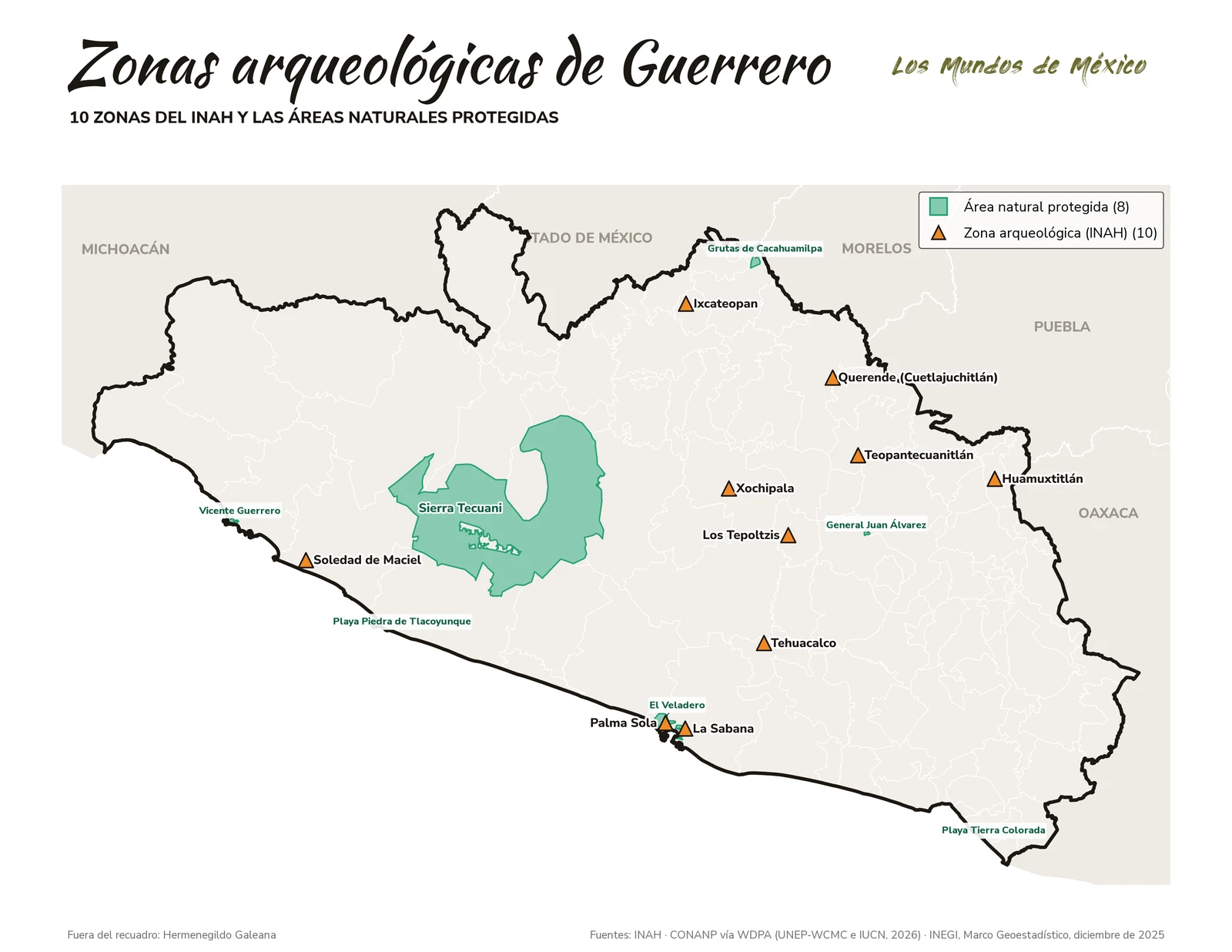 Mapa de zonas arqueológicas y áreas naturales protegidas de Guerrero