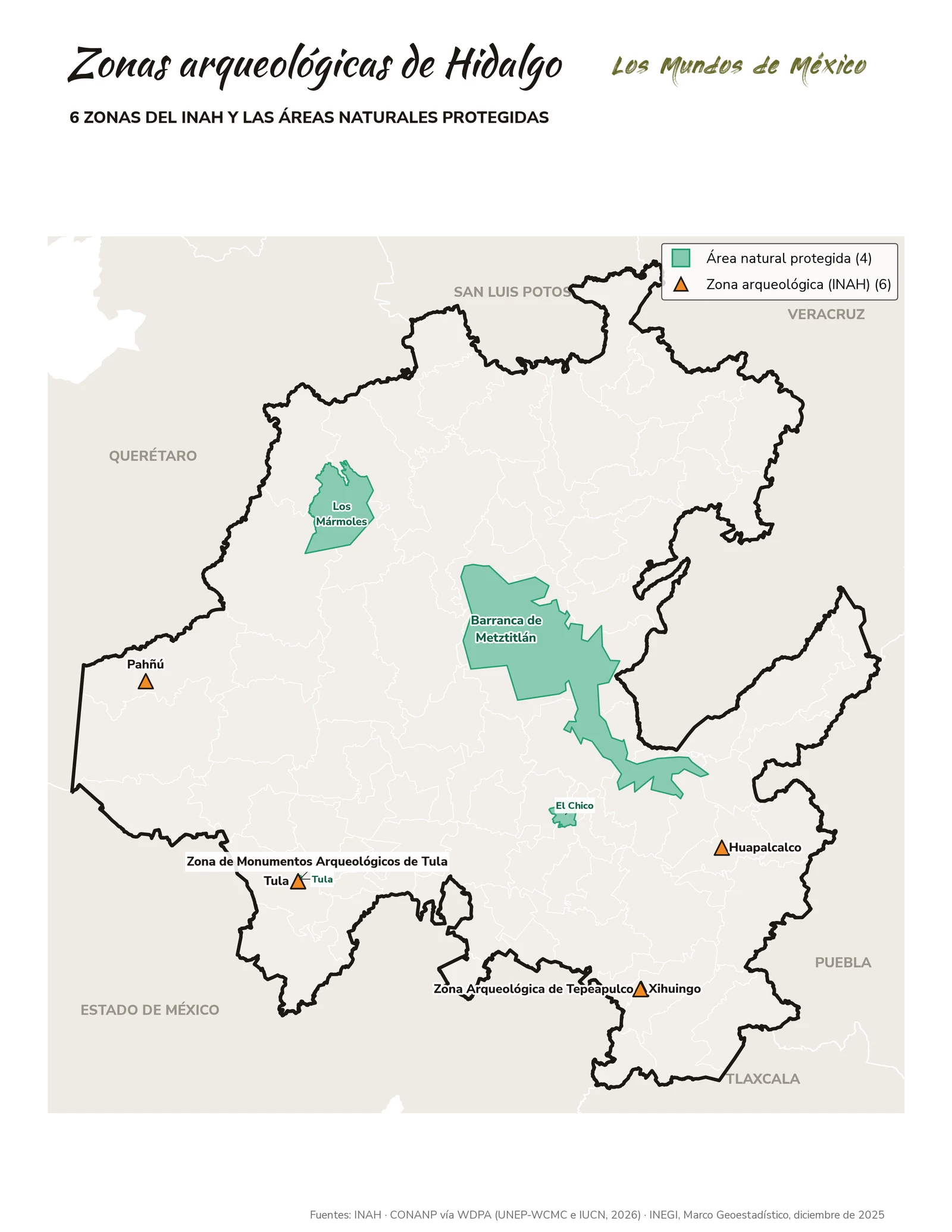 Mapa de zonas arqueológicas y áreas naturales protegidas de Hidalgo