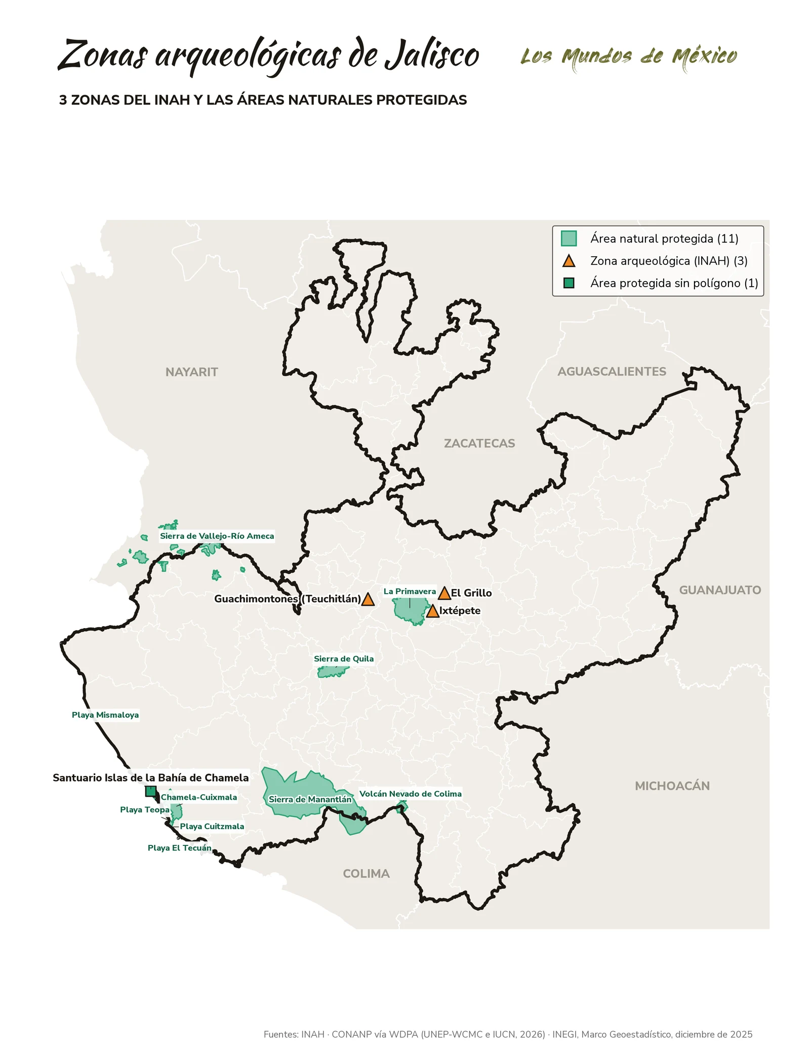 Mapa de zonas arqueológicas y áreas naturales protegidas de Jalisco