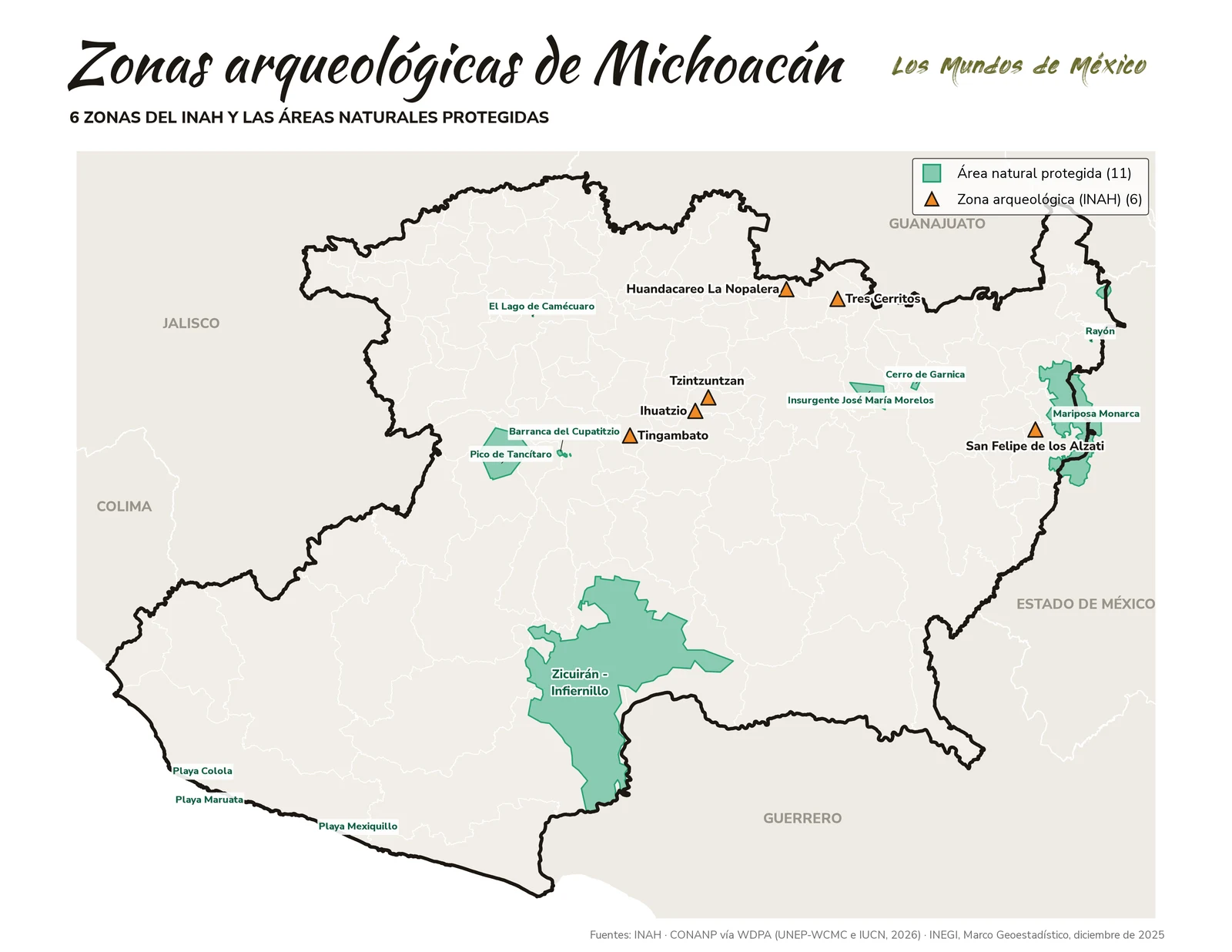 Mapa de zonas arqueológicas y áreas naturales protegidas de Michoacán de Ocampo