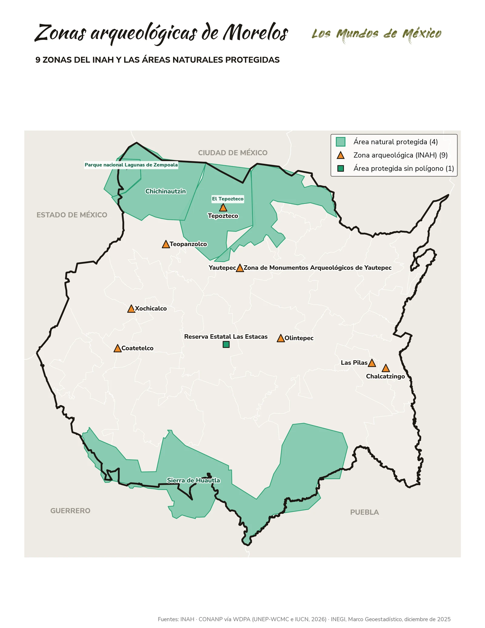 Mapa de zonas arqueológicas y áreas naturales protegidas de Morelos