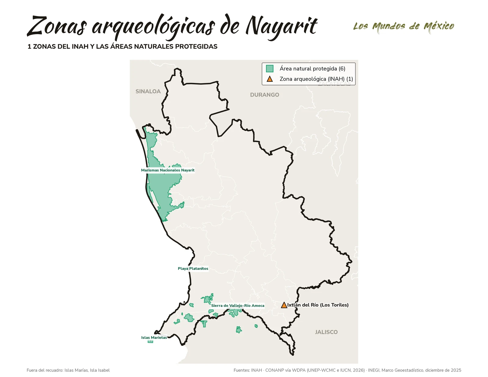 Mapa de zonas arqueológicas y áreas naturales protegidas de Nayarit