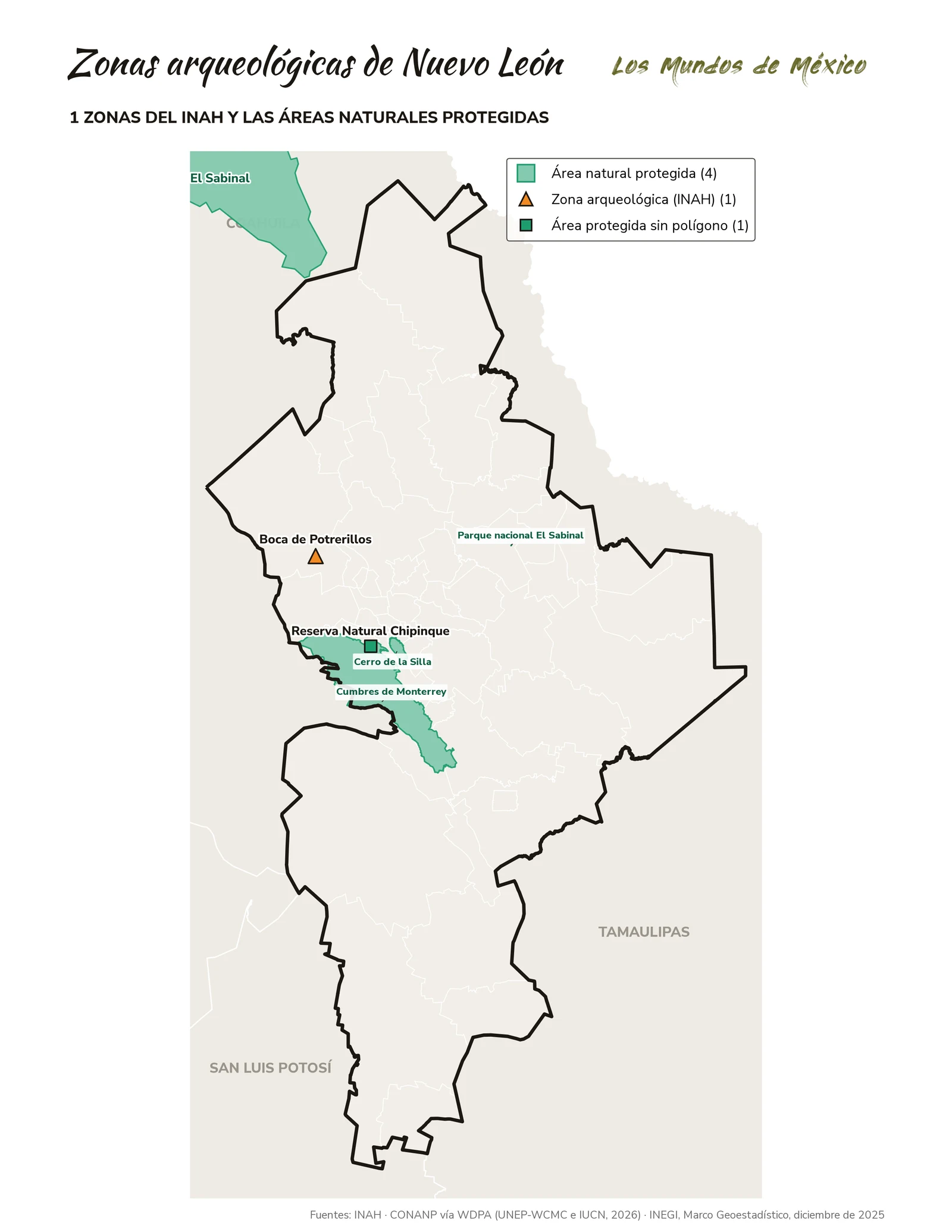 Mapa de zonas arqueológicas y áreas naturales protegidas de Nuevo León