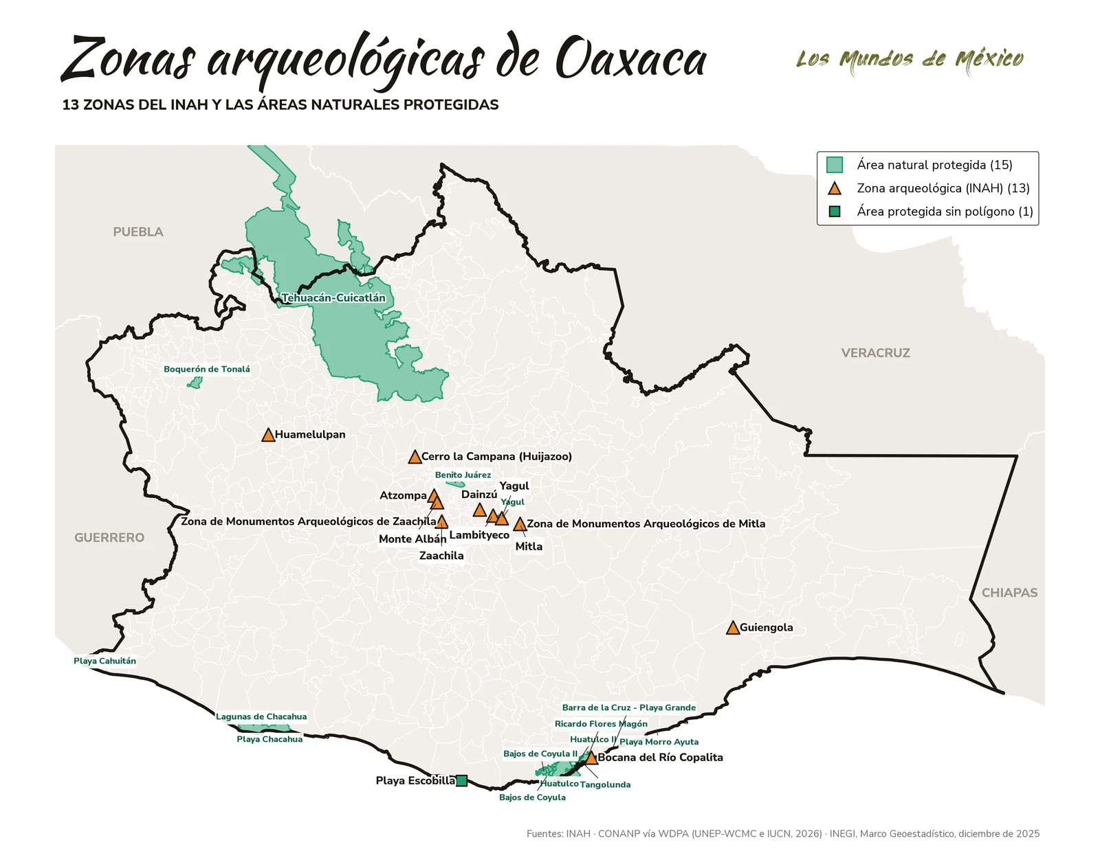 Mapa de zonas arqueológicas y áreas naturales protegidas de Oaxaca