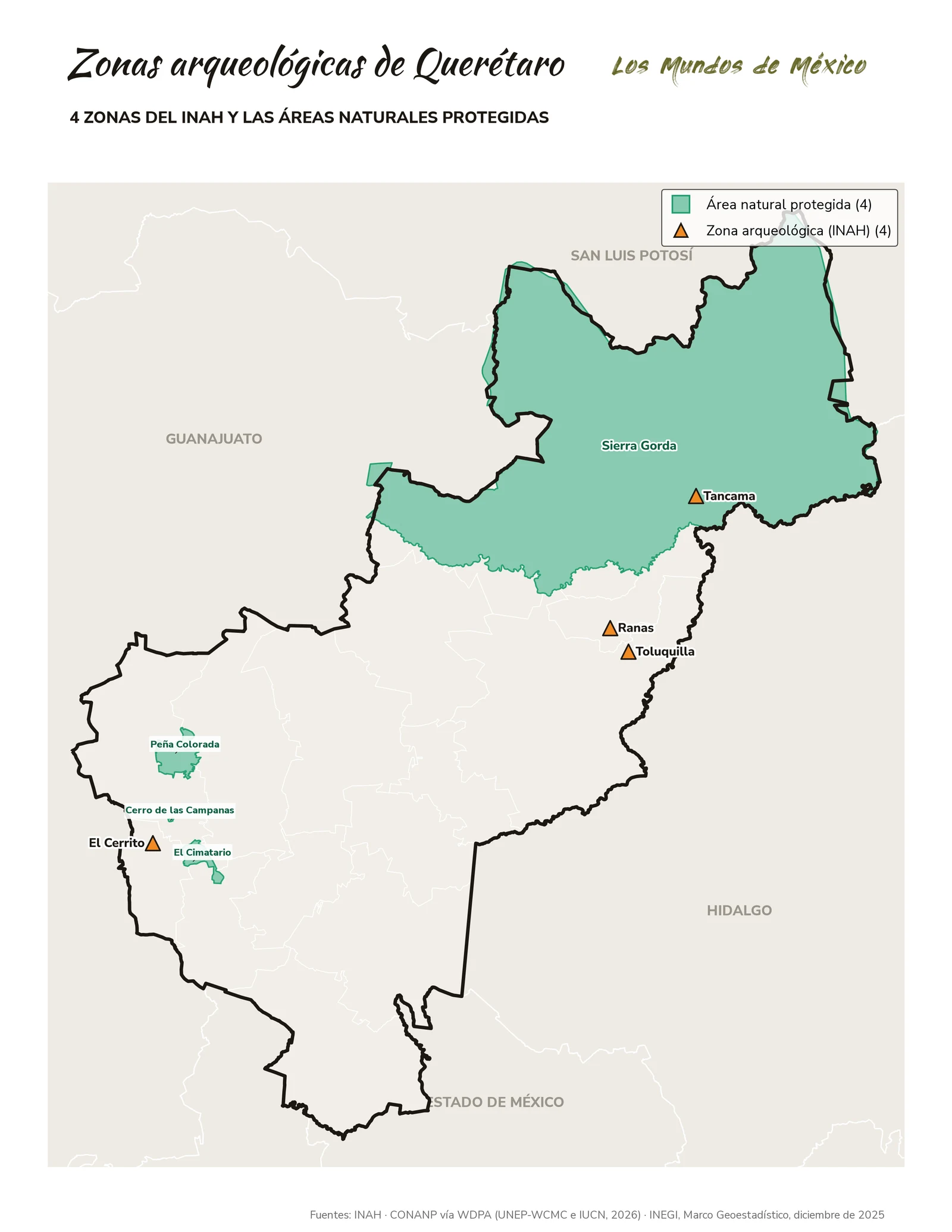 Mapa de zonas arqueológicas y áreas naturales protegidas de Querétaro