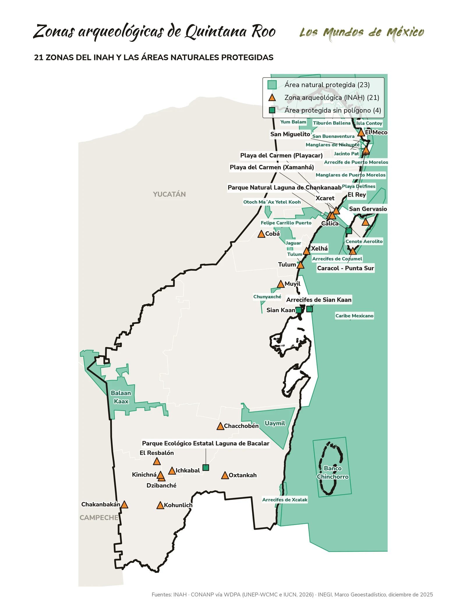 Mapa de zonas arqueológicas y áreas naturales protegidas de Quintana Roo