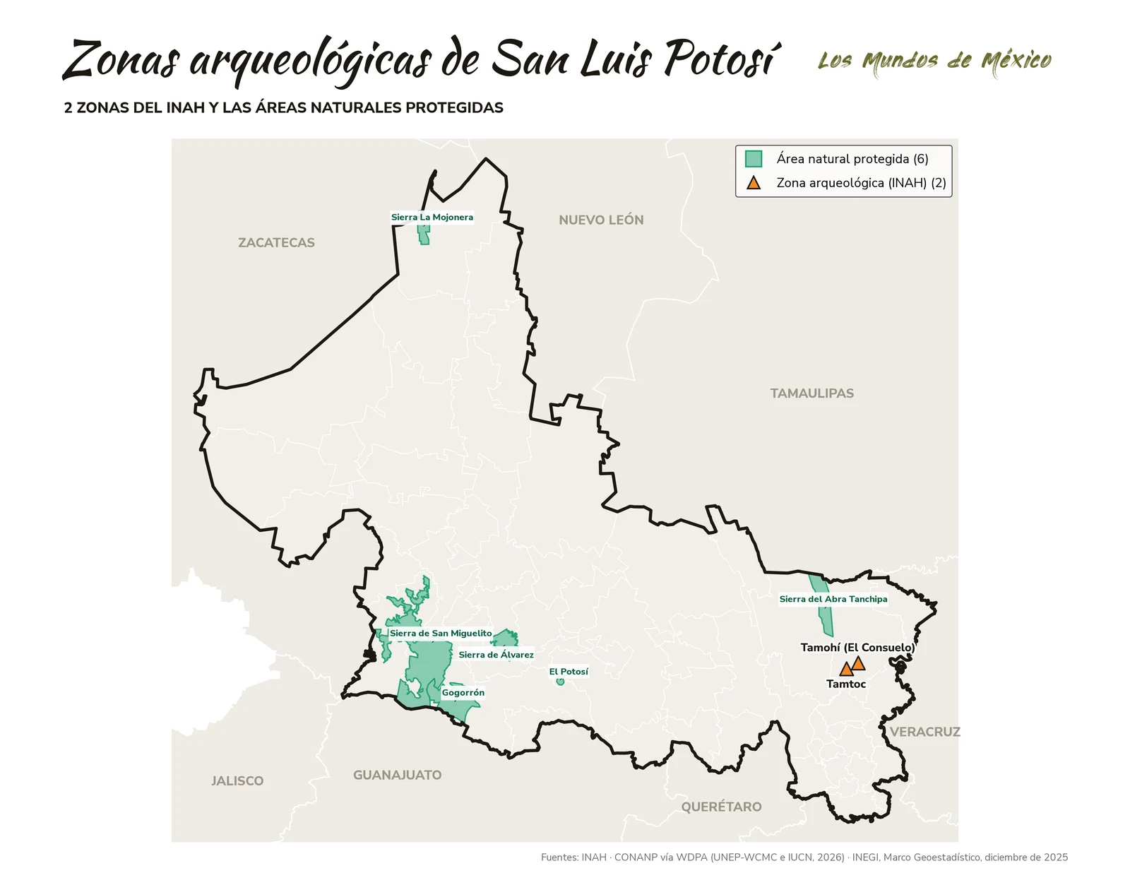 Mapa de zonas arqueológicas y áreas naturales protegidas de San Luis Potosí