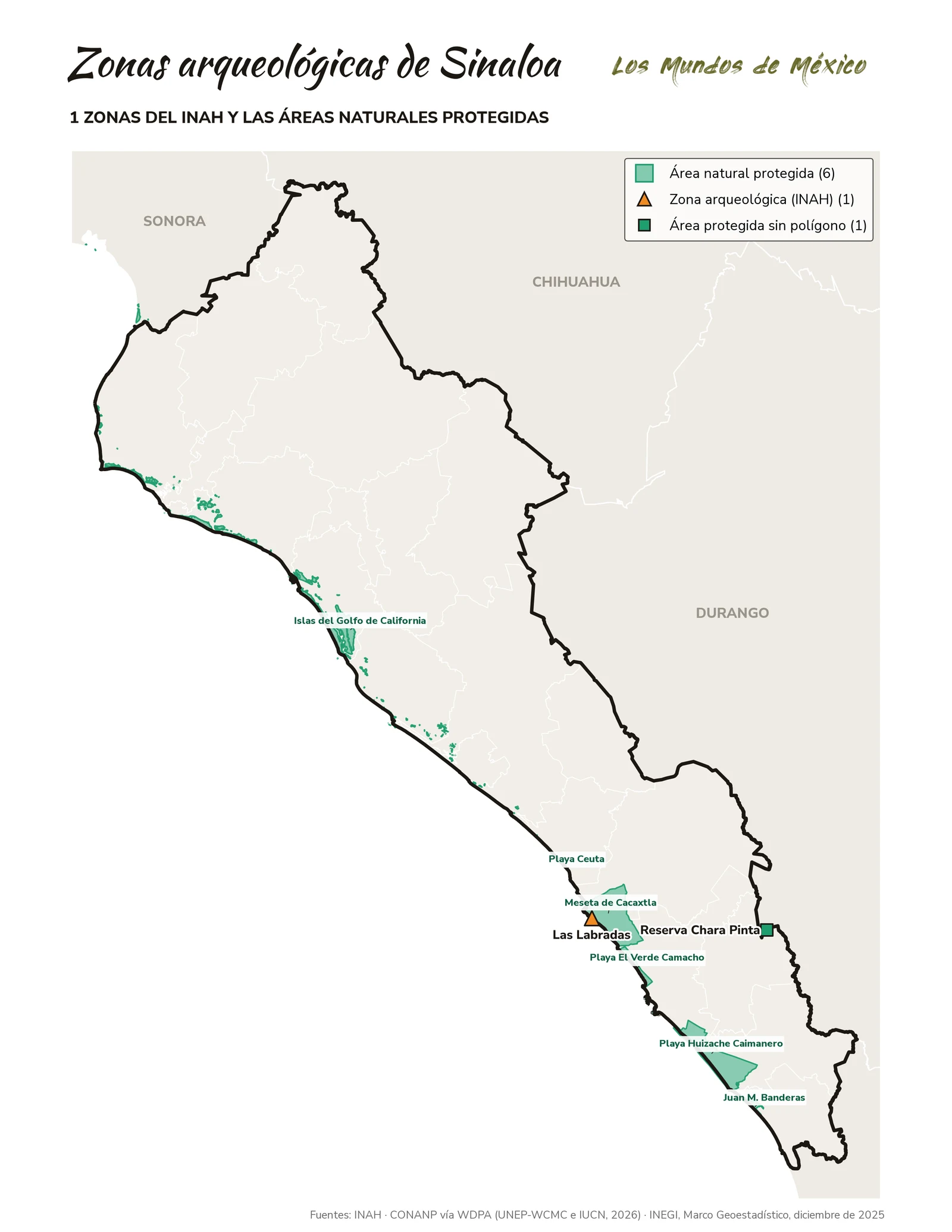 Mapa de zonas arqueológicas y áreas naturales protegidas de Sinaloa