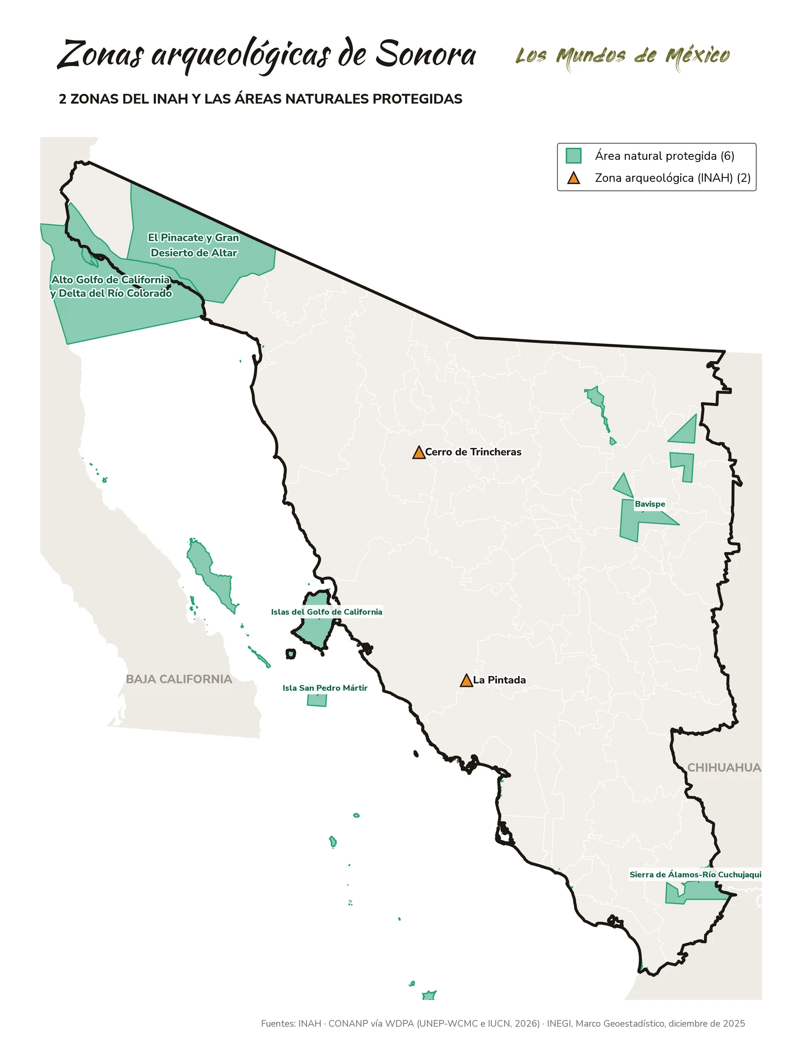 Mapa de zonas arqueológicas y áreas naturales protegidas de Sonora